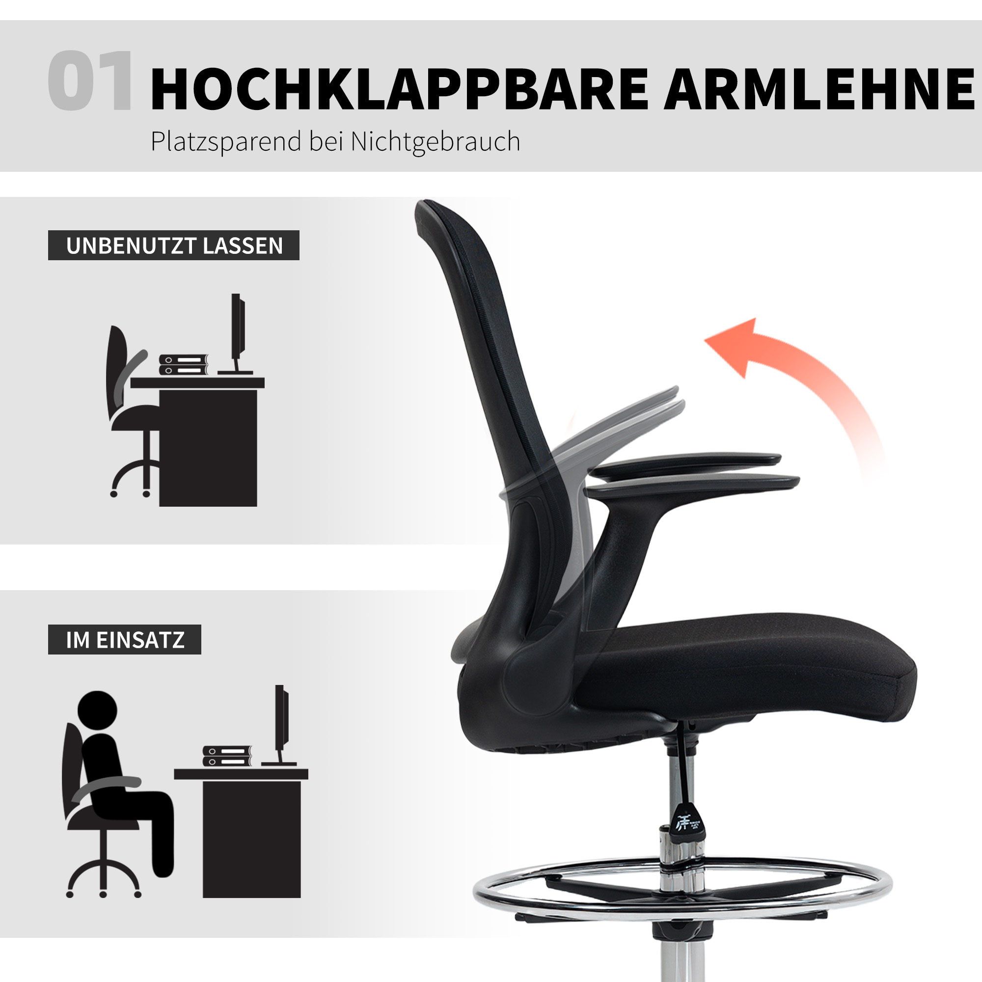 Bürostuhl höhenverstellbar Schreibtischstuhl mit verstellbarer Fußring, Lendenwirbelstütze, 62 x 59 x 119 cm, Schwarz