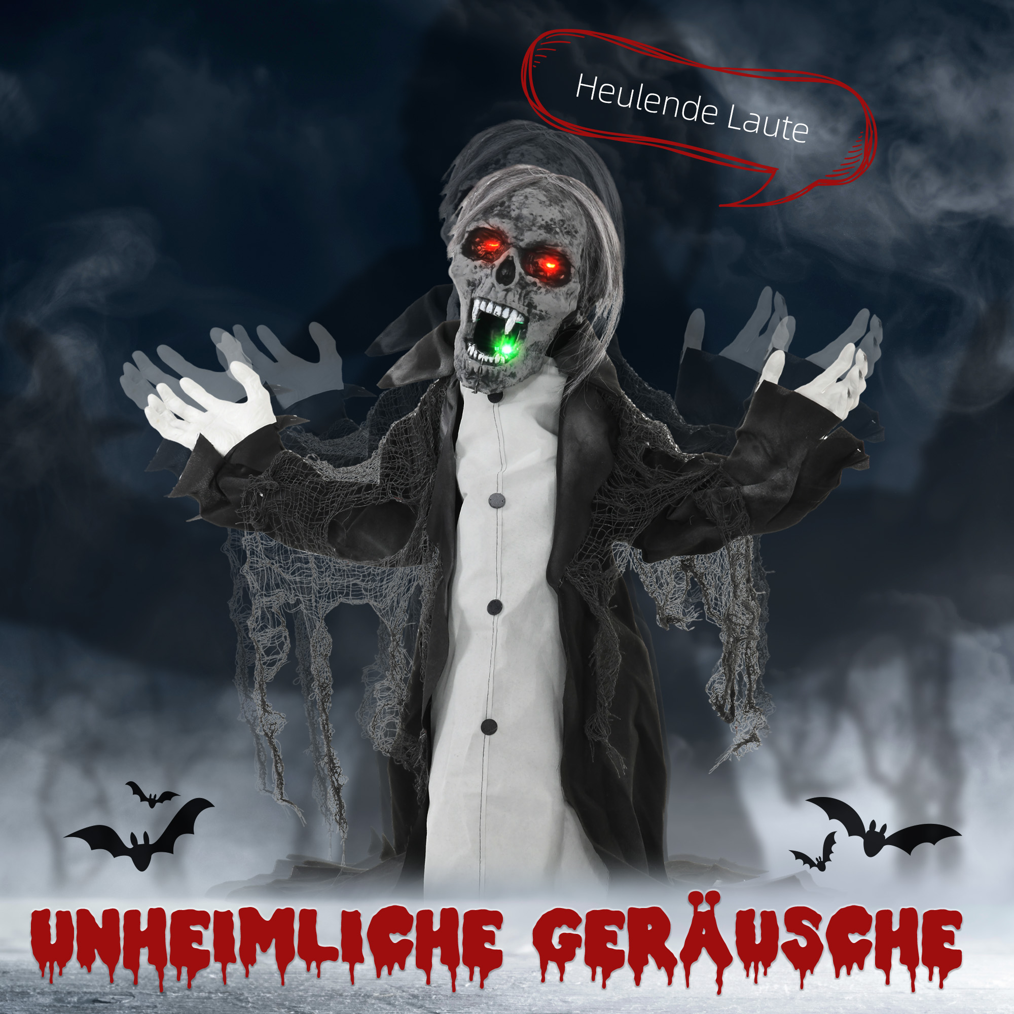 Halloweendeko, Skelett/Zombie, beweglich, Bewegungssensor, LEDs & Sounds, 75 cm