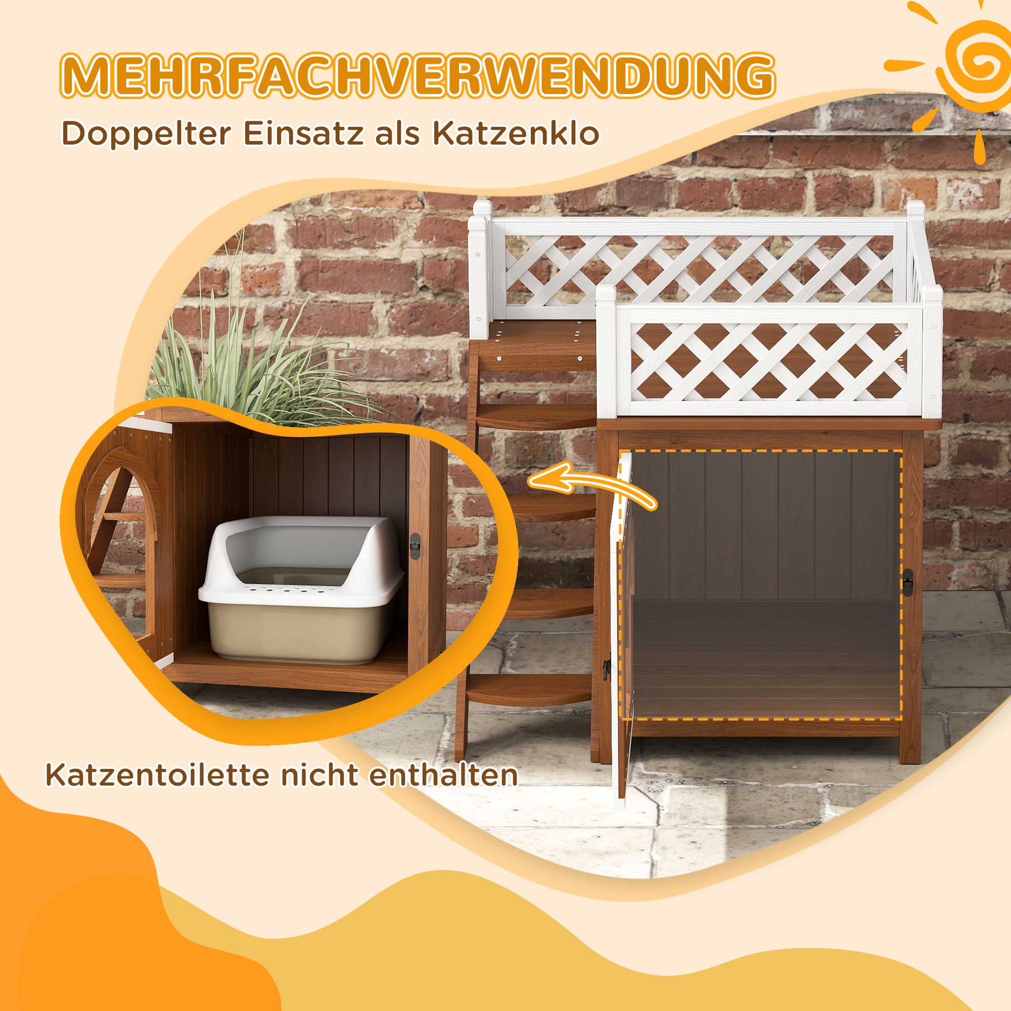 Katzenhaus, zweistöckig, mit Balkon und Treppe, für drinnen und draußen, für Katzen und Kaninchen, Tannenholz, Braun