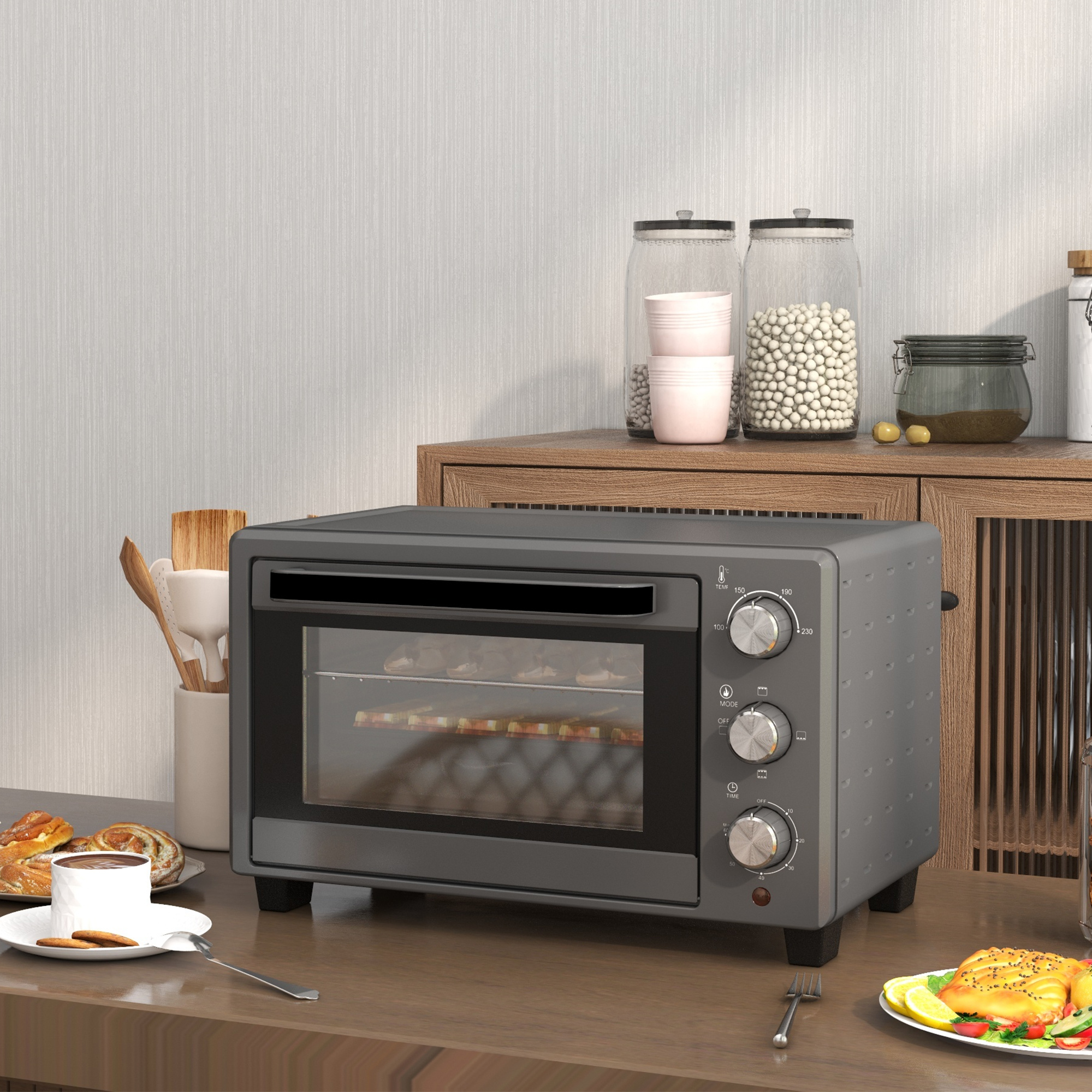 Minibackofen, 21 L Toasterofen mit 1 Drahtgestell und 1 Backblech, 3 Kochmodi, 100 °C-230 °C, Edelstahl, Glas, Grau