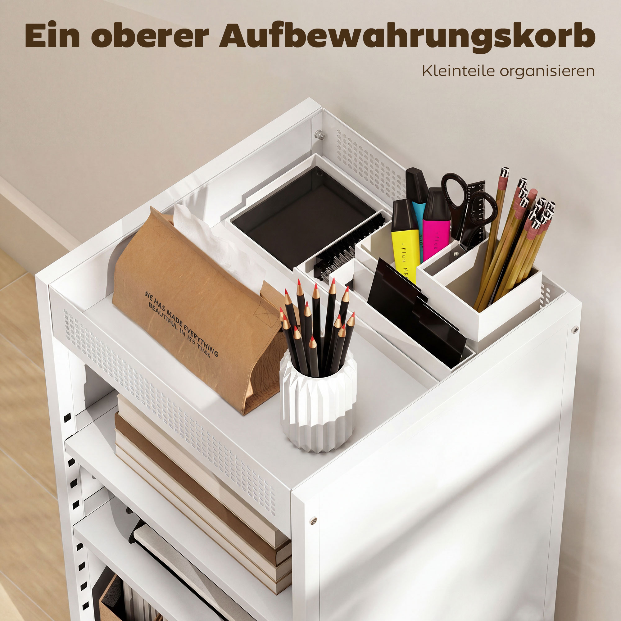 Bücherregal mobil mit verstellbaren Regalen, 3-stufiger Rollwagen mit oberem Korb, Weiß