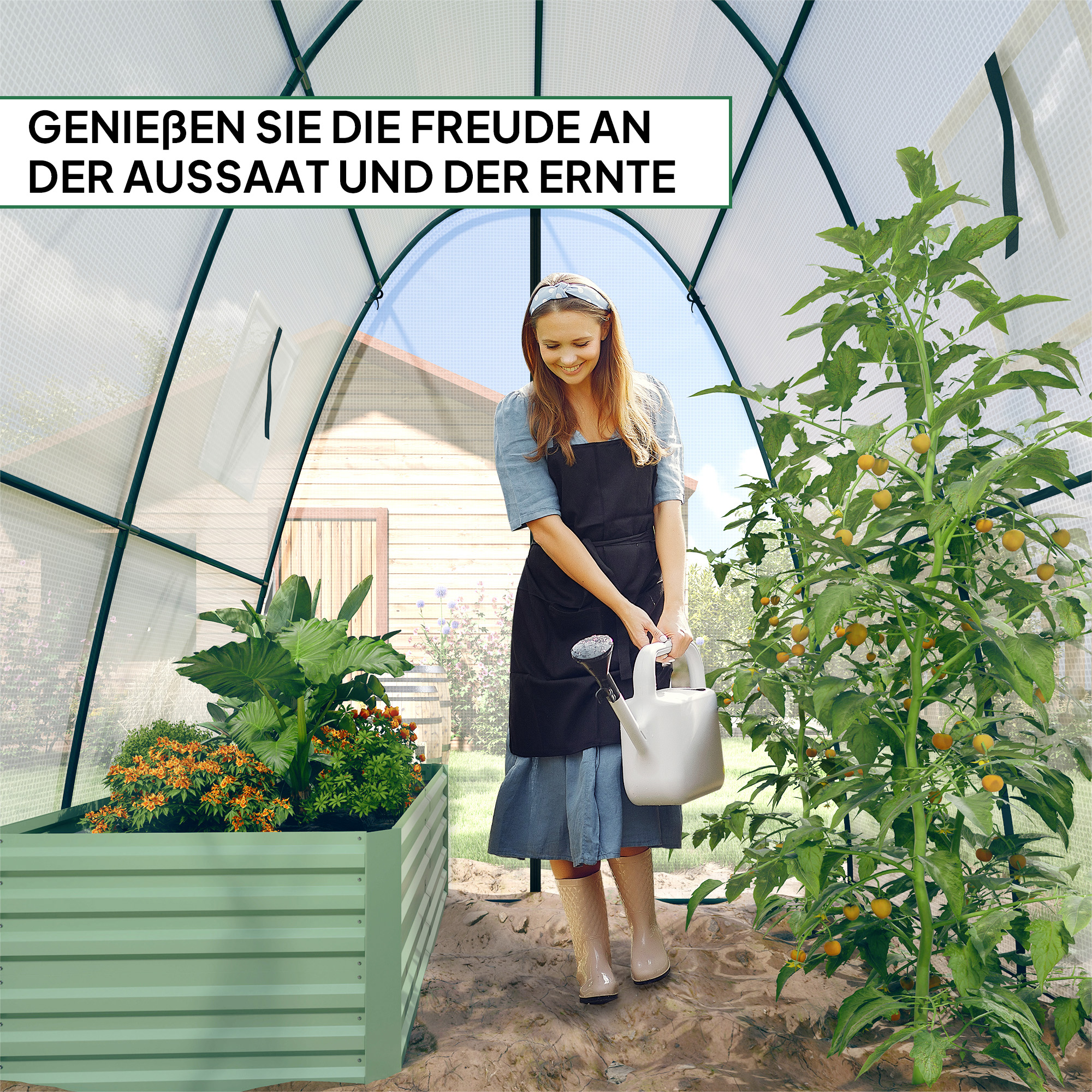 Bogen-Gewächshaus mit Sandsäcken und Kunststoff-Abdeckung, 2 Rolltüren, Netzfenster, tragbar, 1,8 x 1,8 x 2 m, Weiß