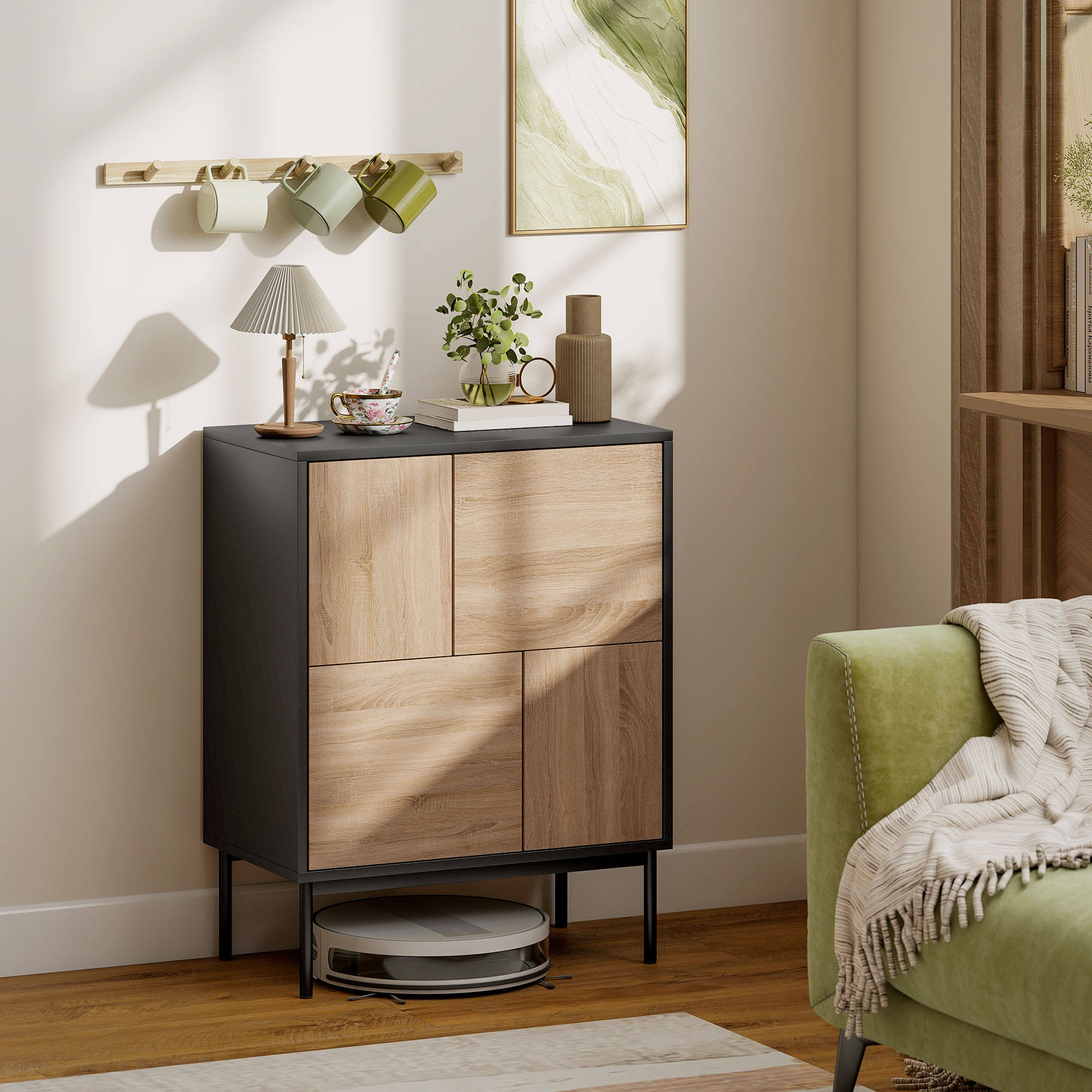 Sideboard mit Push-to-Open Türen, Esszimmerschrank mit Metallbeinen, Küchenschrank, MDF, Schwarz+Naturholz