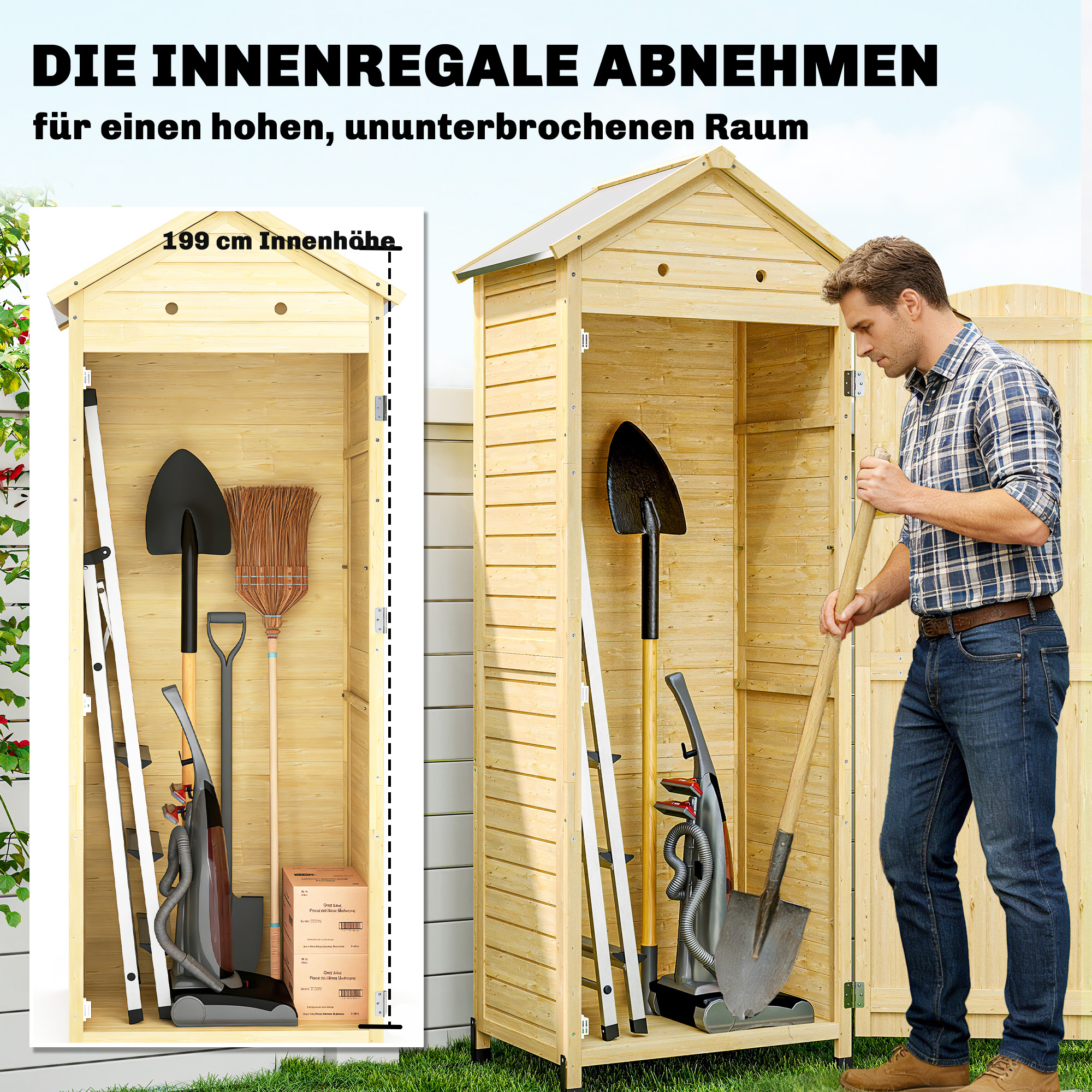 Gartenschrank Holz extra hohe Geräteschuppen mit verstellbar Ablage magnetisch Tür galvanisiert Dach Belüftung