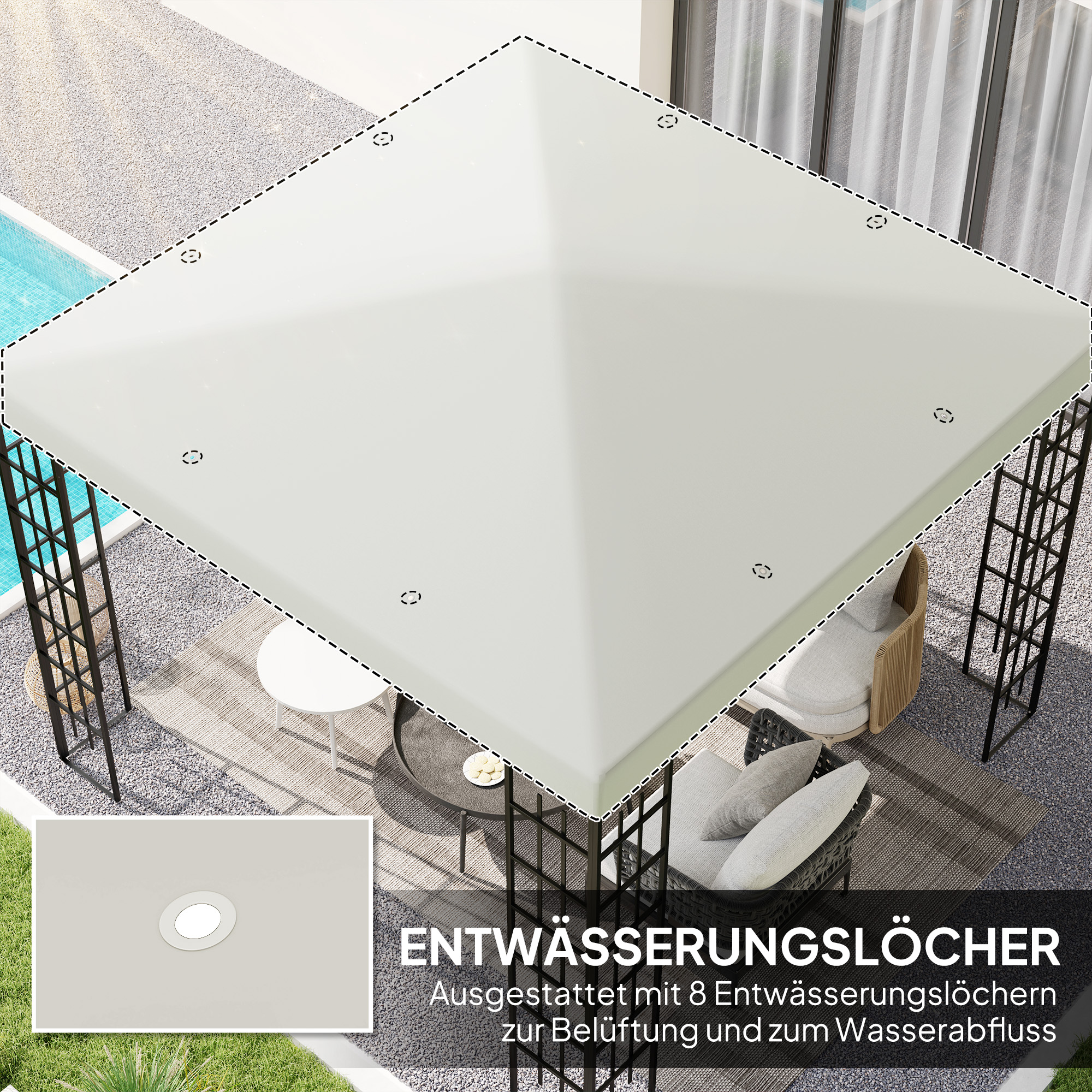 3 x 3 m Ersatzplane für Pavillon, Plane für Garten-Pavillon, mit Wasserablauföffnungen, UPF30+, Hellgrau