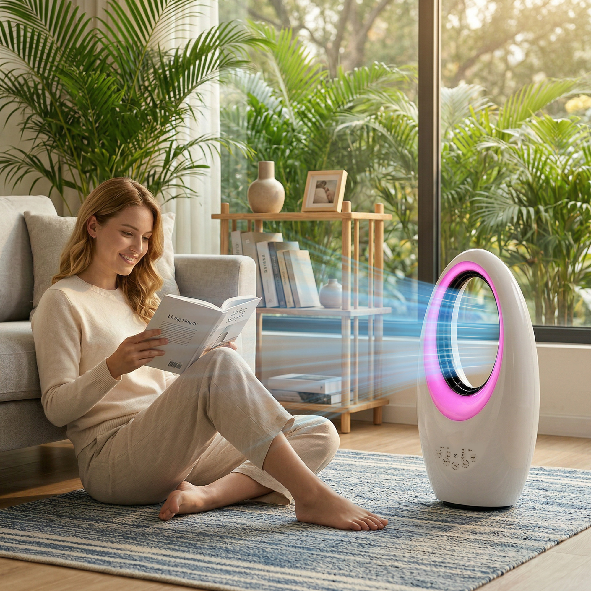 Bladeless Turmventilator, 36dB leiser Ventilator mit 60° Oszillation, LED-Beleuchtung, 3 Geschwindigkeiten, 7,5-Stunden-Timer, Fernbedienung