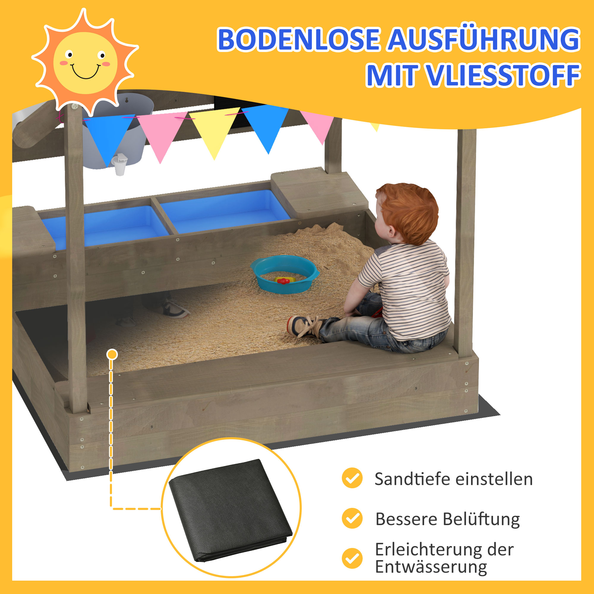 Sandkasten mit Sonnenschutz, Spielhaus-Design, mit Spielzeug-Set, behandeltes Massivholz, 124 x 116 x 146 cm, Grau