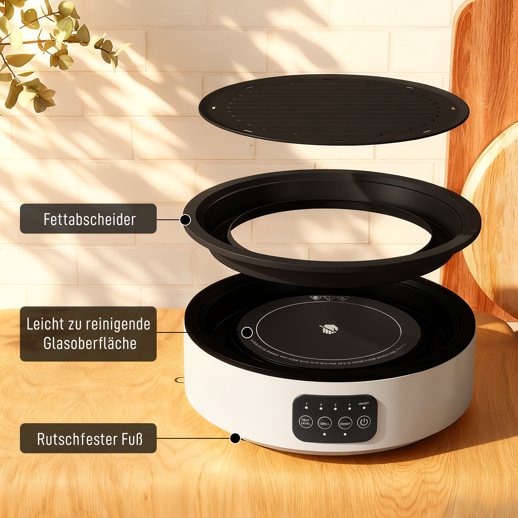 Dual-Keramikkochfeld, 2-in-1 Design, zum Kochen und Grillen, 2000W, 4 Hitzestufen, LED-Display, Fettfangschale, Weiß