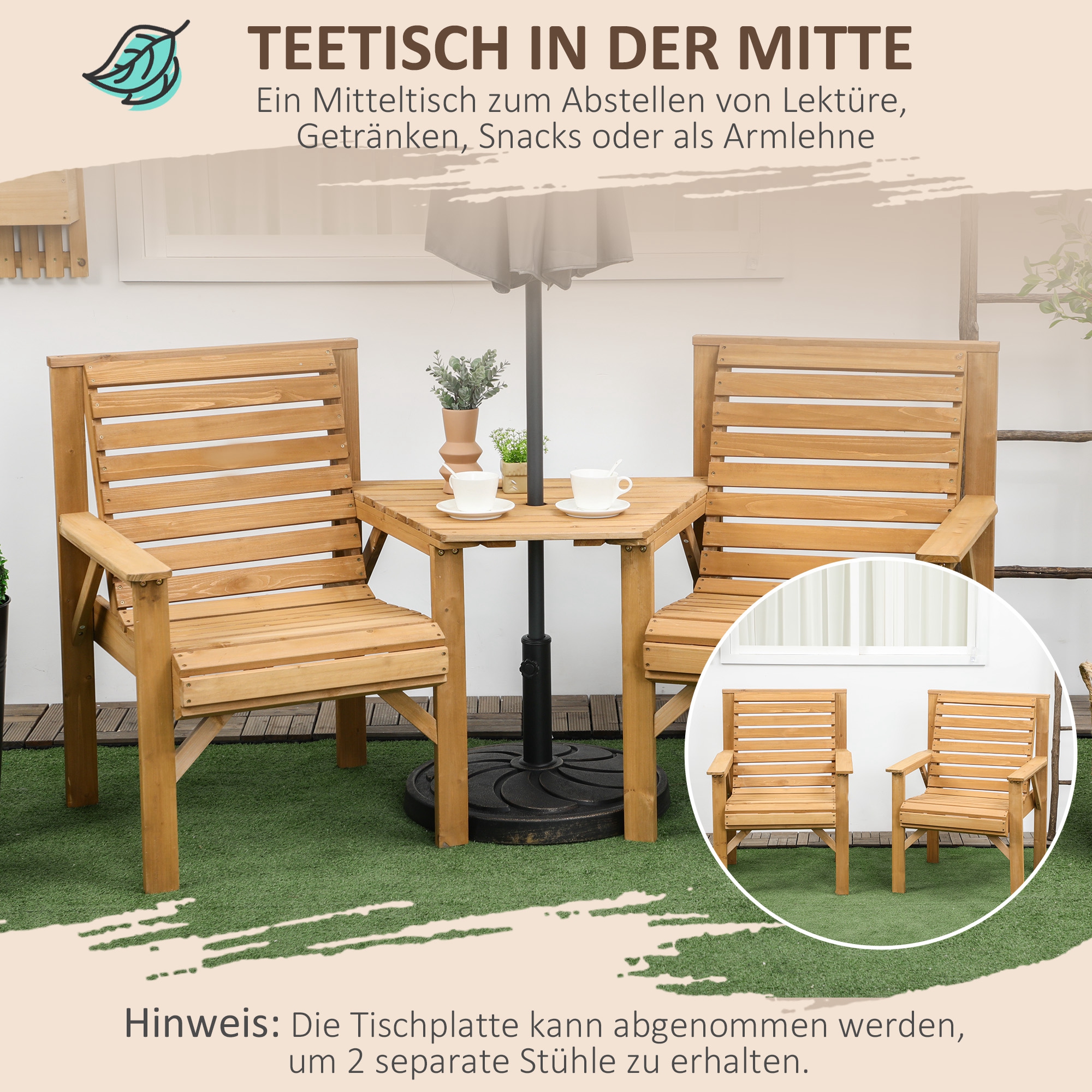 Bistro-Set 3-teilig aus Holz Wetterfest Gartenmöbel Set mit Lamellendesign Sonnenschirmloch Braun