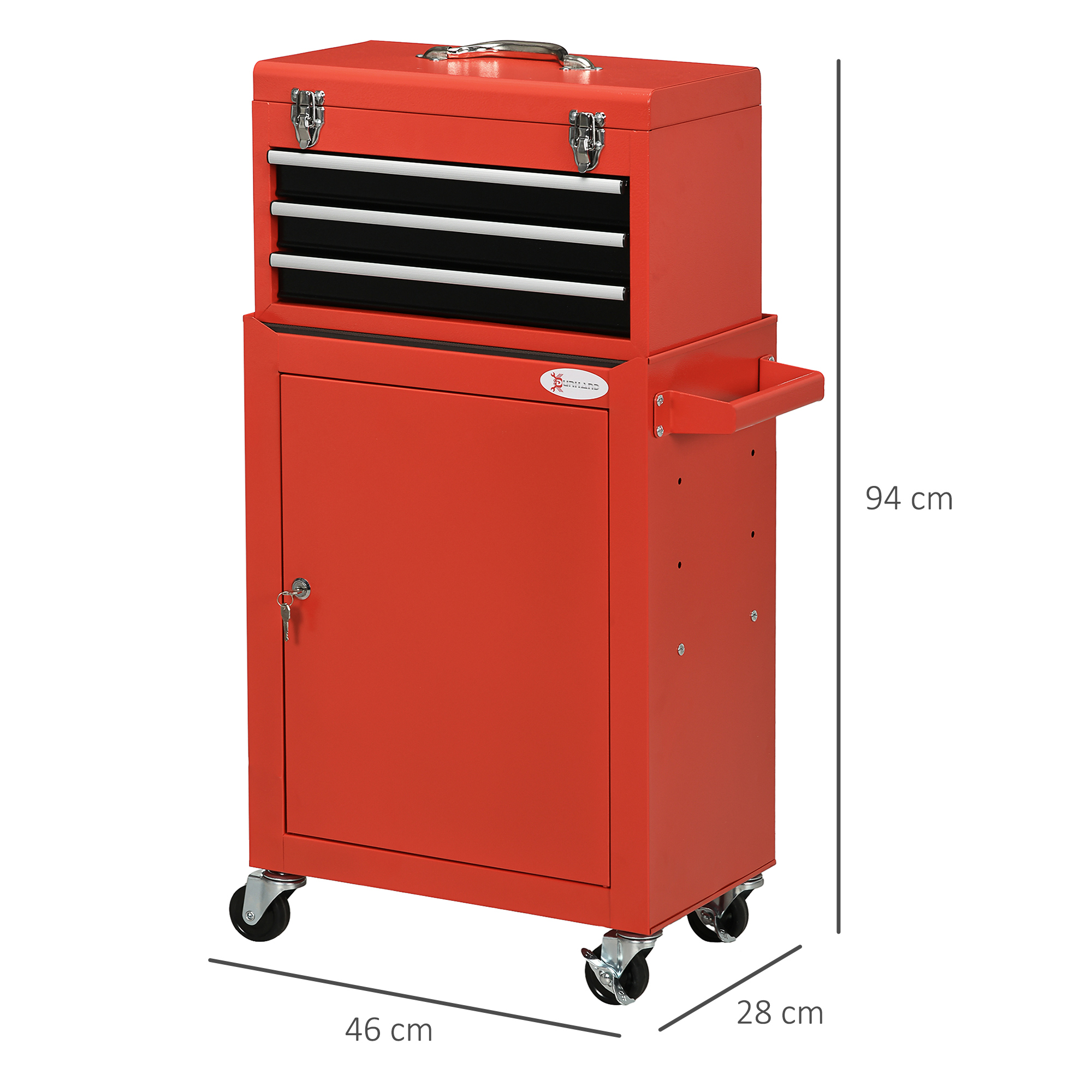 2-in-1 Werkzeugwagen, mobil, 3 Schubladen, Werkzeugtafel, Stahlgehäuse, 46L x 28B x 94H cm, Rot