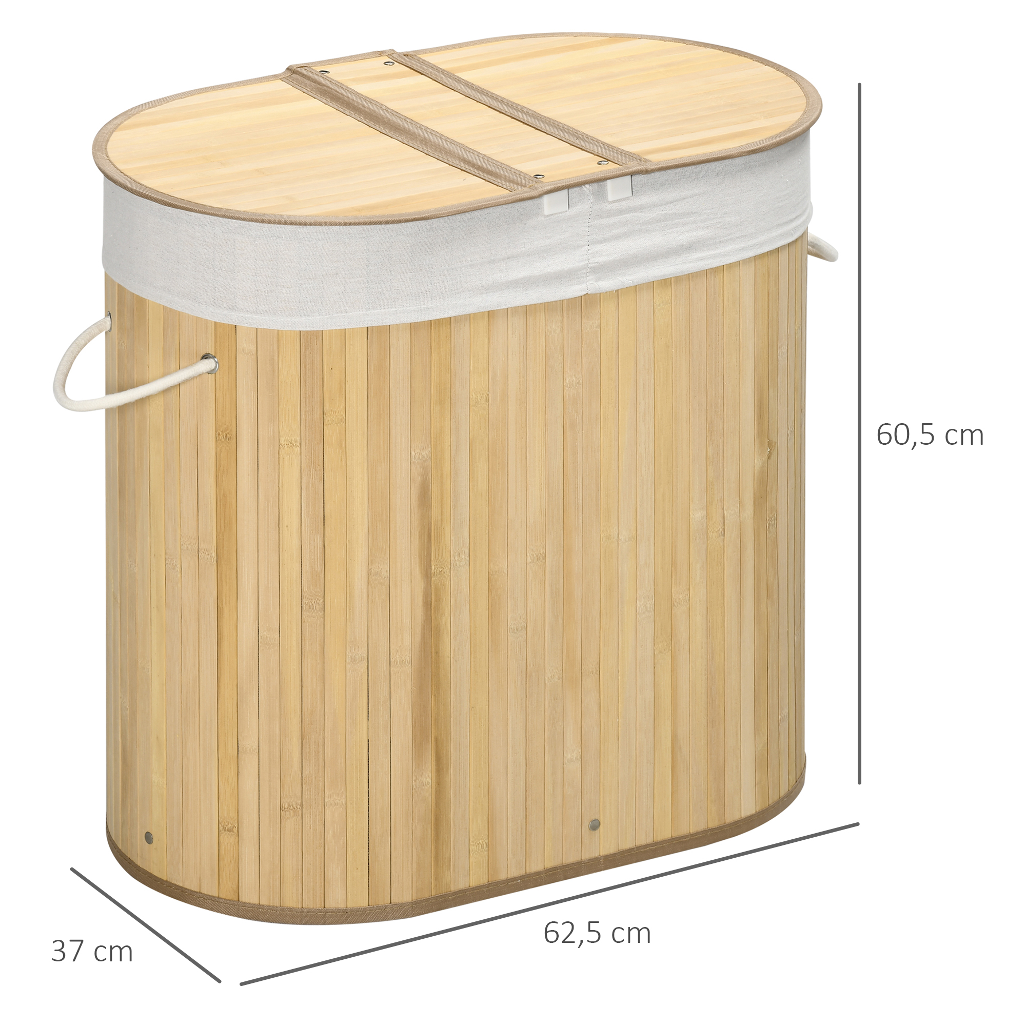 Wäschekorb 100L mit herausnehmbaren Wäschebank 62,5 cm x 37 cm x 60,5 cm Natur + Weiß