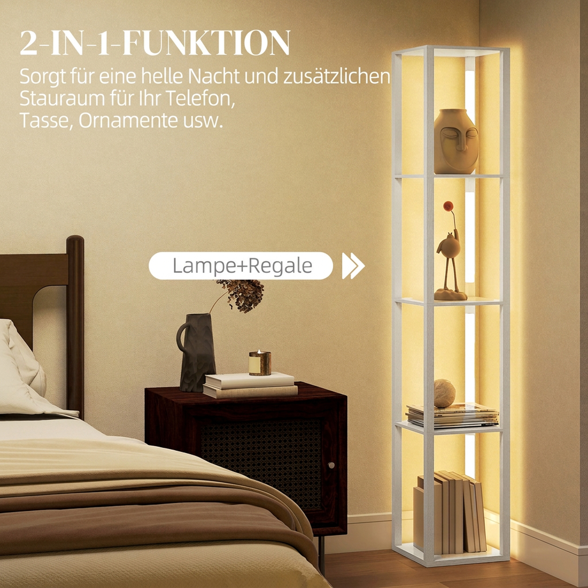 LED-Stehlampe mit Regalen, moderne dimmbare Standleuchte mit 3 Helligkeitsstufen und Fußschalter, Weiß