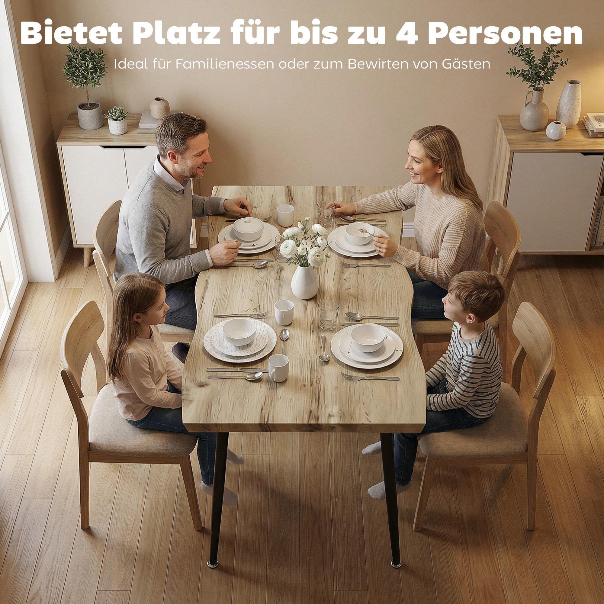 Esstisch für 4 Personen, 110 cm Nordischer Rechteckiger Küchentisch mit Stahlbeinen für Wohnzimmer und Esszimmer, Eiche