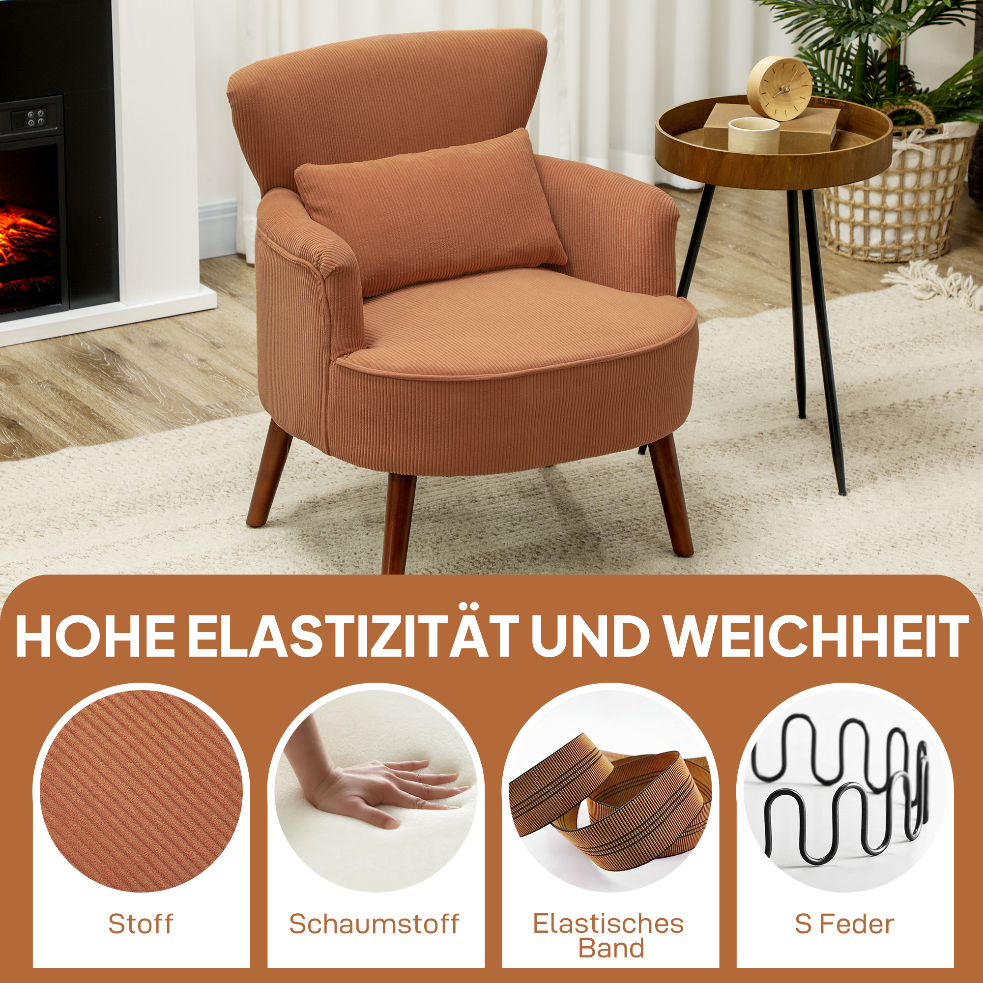 Moderner Armlehnstuhl, Gepolsterter Akzentstuhl mit Lendenkissen, Kautschukholzbeinen, Orange