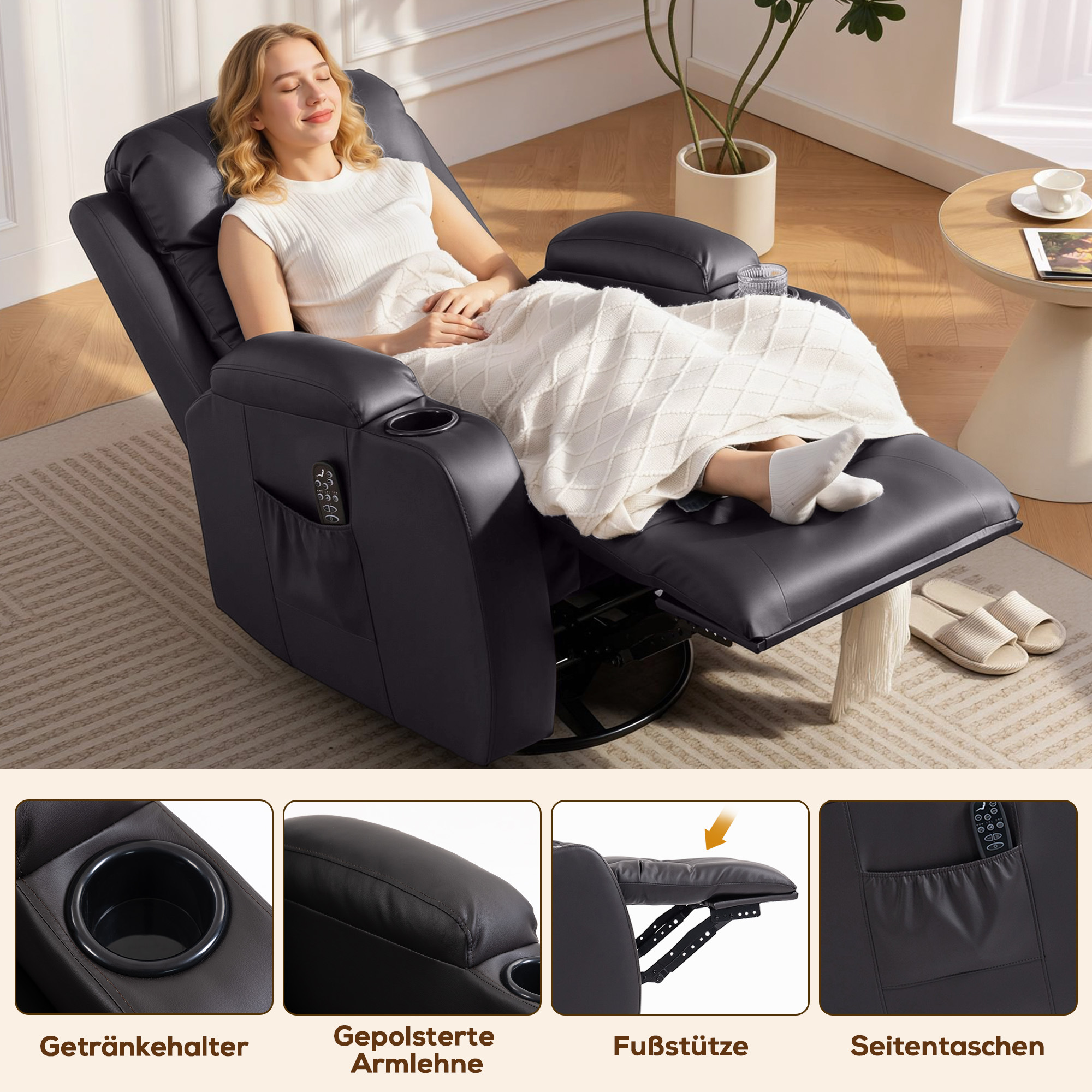 Massagesessel mit Wipp-, Liege- & Wärmefunktion, 3 Modi, drehbar, Dunkelbraun