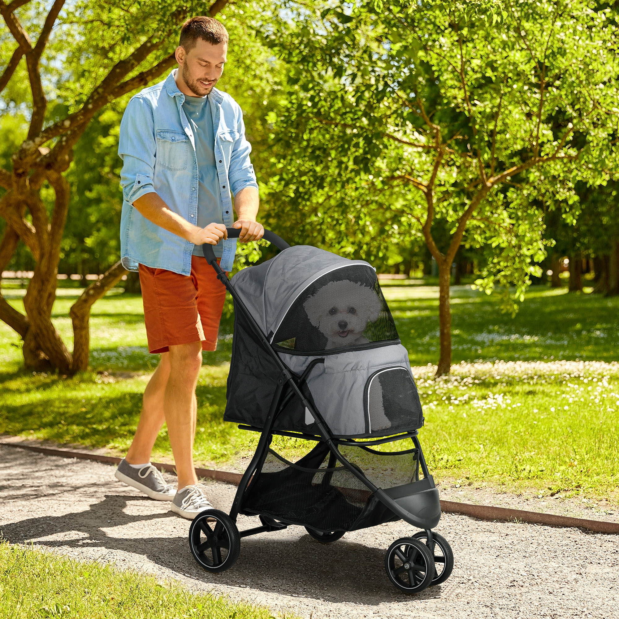 Hundebuggy Haustierwagen bis 10kg klappbar Regenschutz 2 Sicherheitsleinen 83cm x 55cm x 101cm Grau + Schwarz