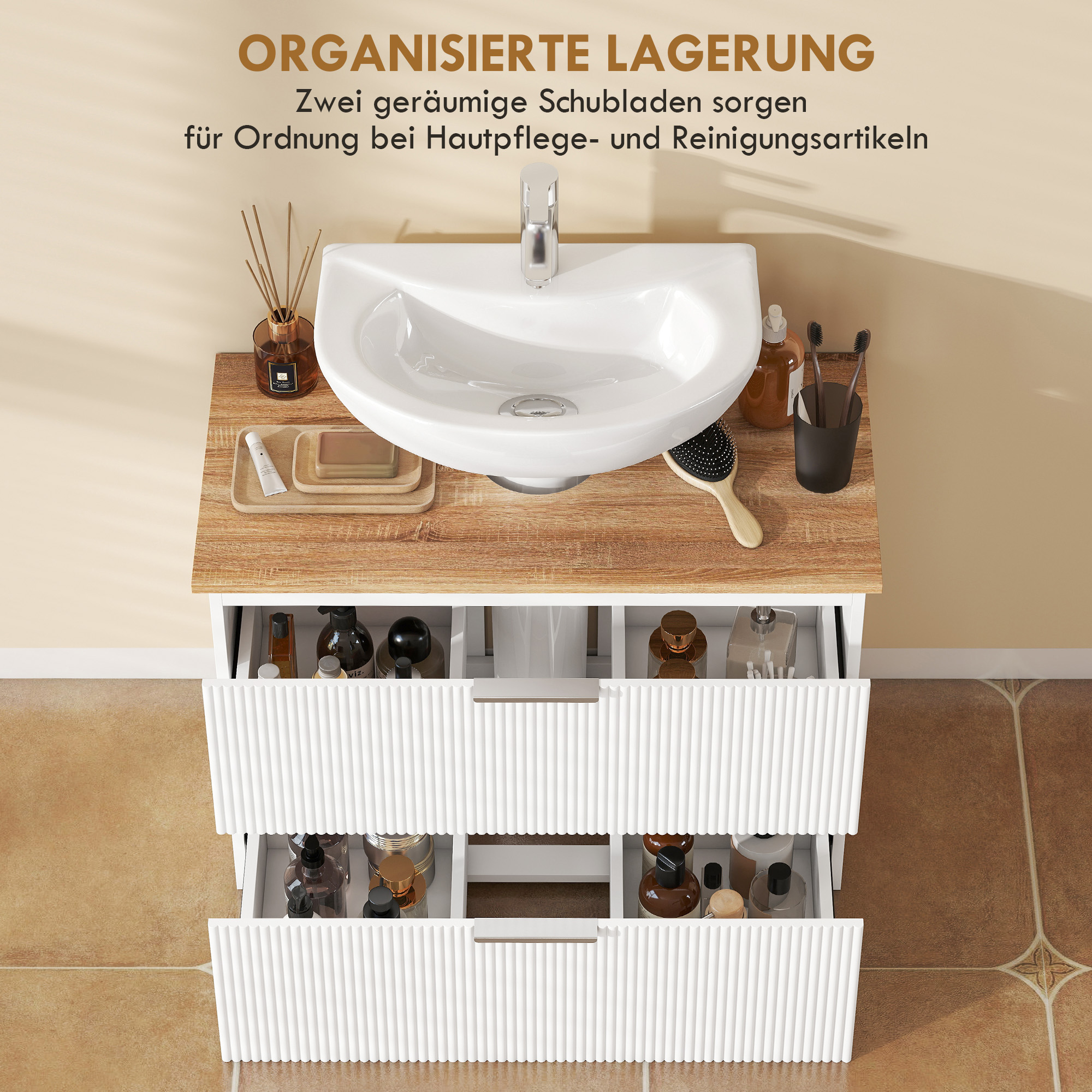 Unterschrank für das Badezimmer, 80 cm Schrank mit zwei großen Schubladen für Waschbecken mit oder ohne Sockel, Weiß