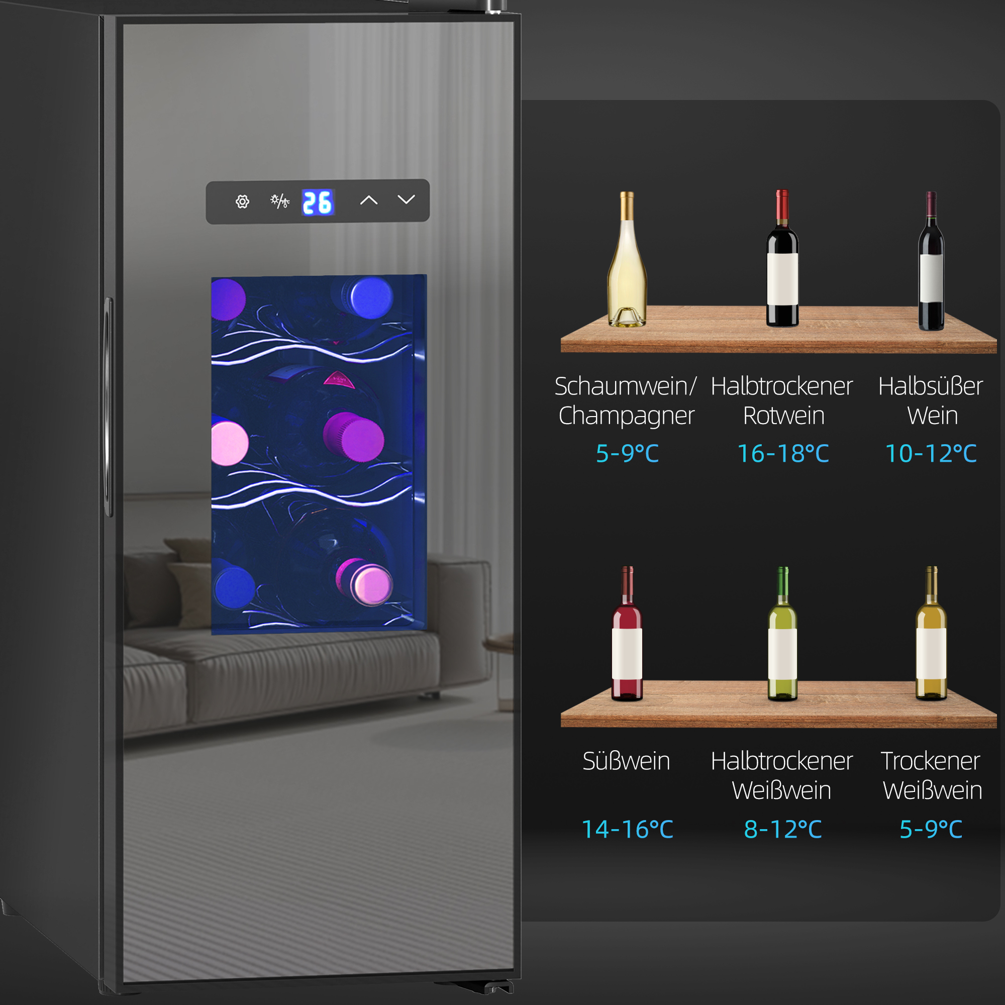 Weinkühlschrank für 12 Flaschen, mit Glastür, Getränkekühlschrank mit LED-Licht, Touch-Screen, Schwarz