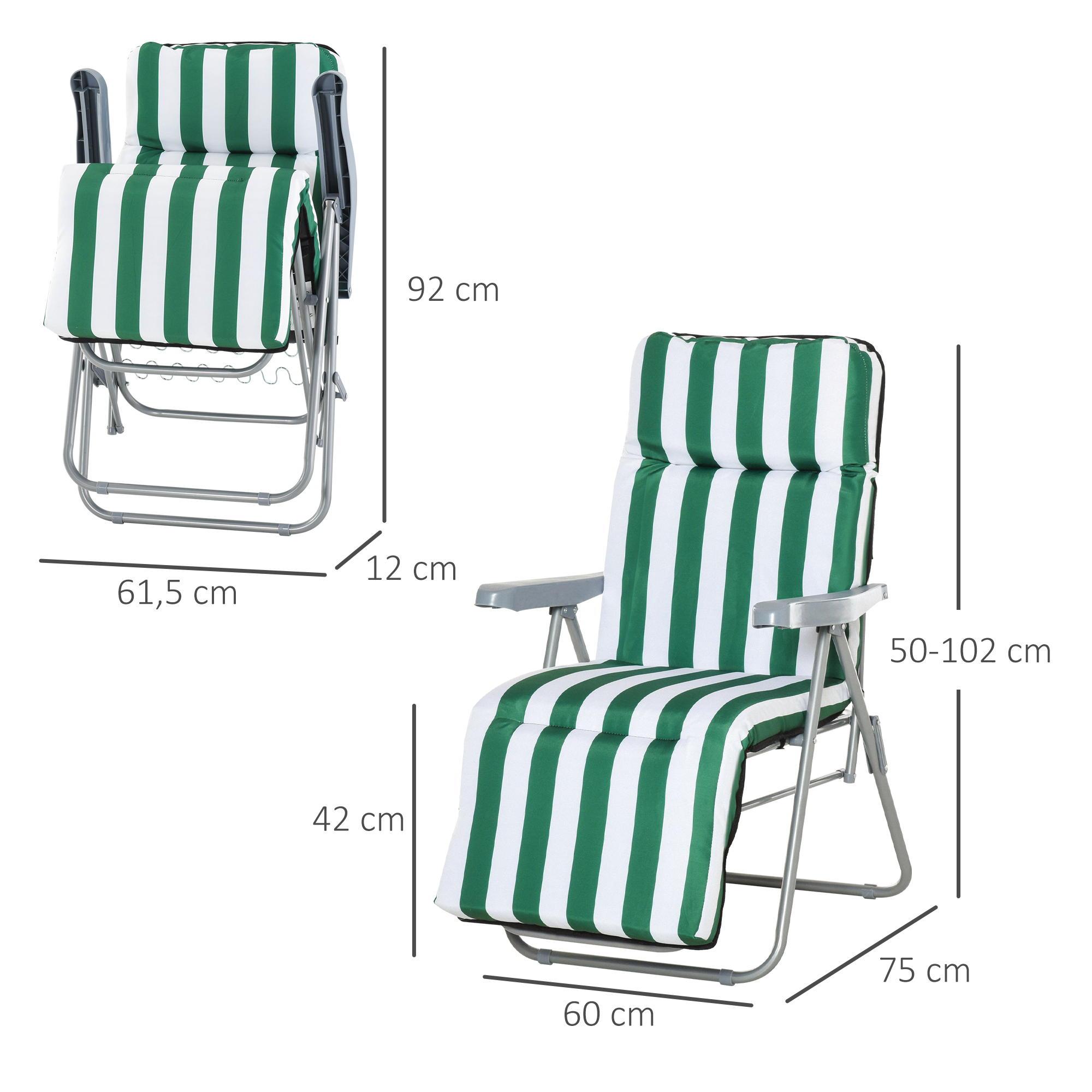 Gartenliegen 2er-Set klappbar mit Auflagen 60 x 75 x 102 cm Stahl Grün+WeiB