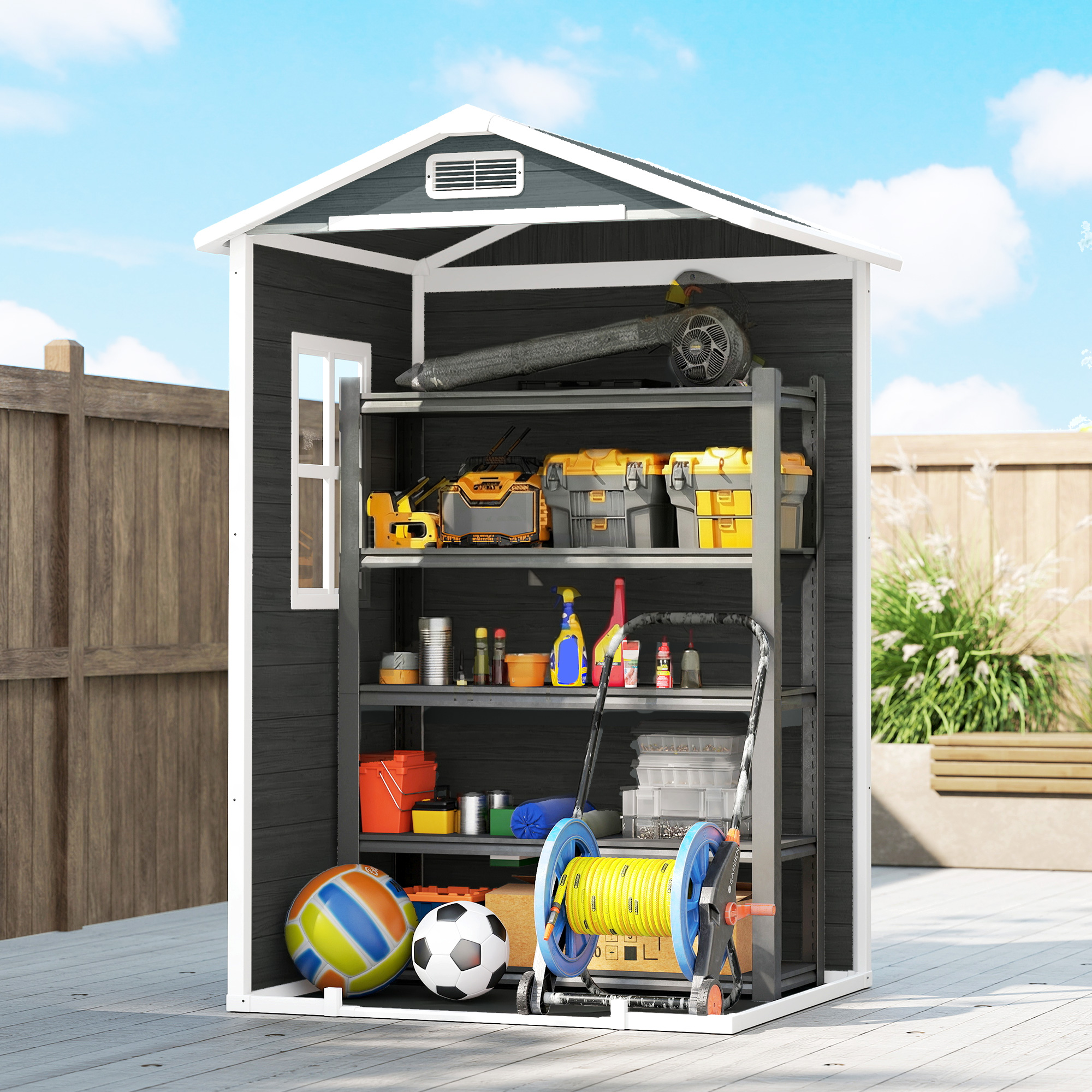 Gerätehaus 1,1 m² Geräteschuppen mit Holzoptik Fenster Satteldach Belüftung Boden Schloss Handschuhe Grau