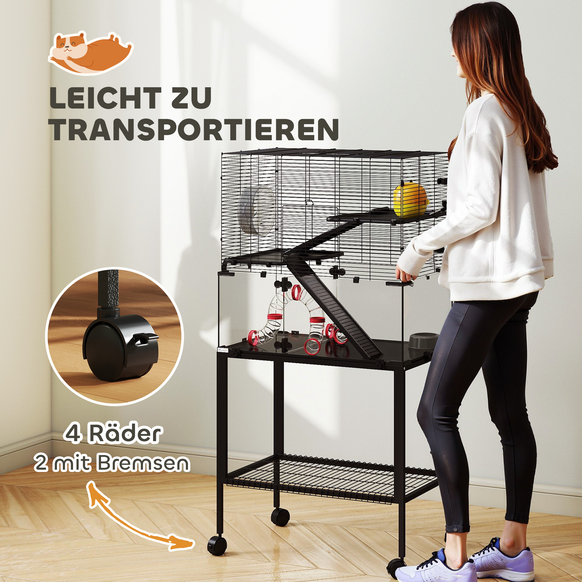 Hamsterkäfig, Kleintiergehege mit 3 Ebenen, Laufrad, Hütte, Plattformen, Rampen, Futterschale, Wasserflasche, Zubehör, Stahl, Kunststoff, Schwarz