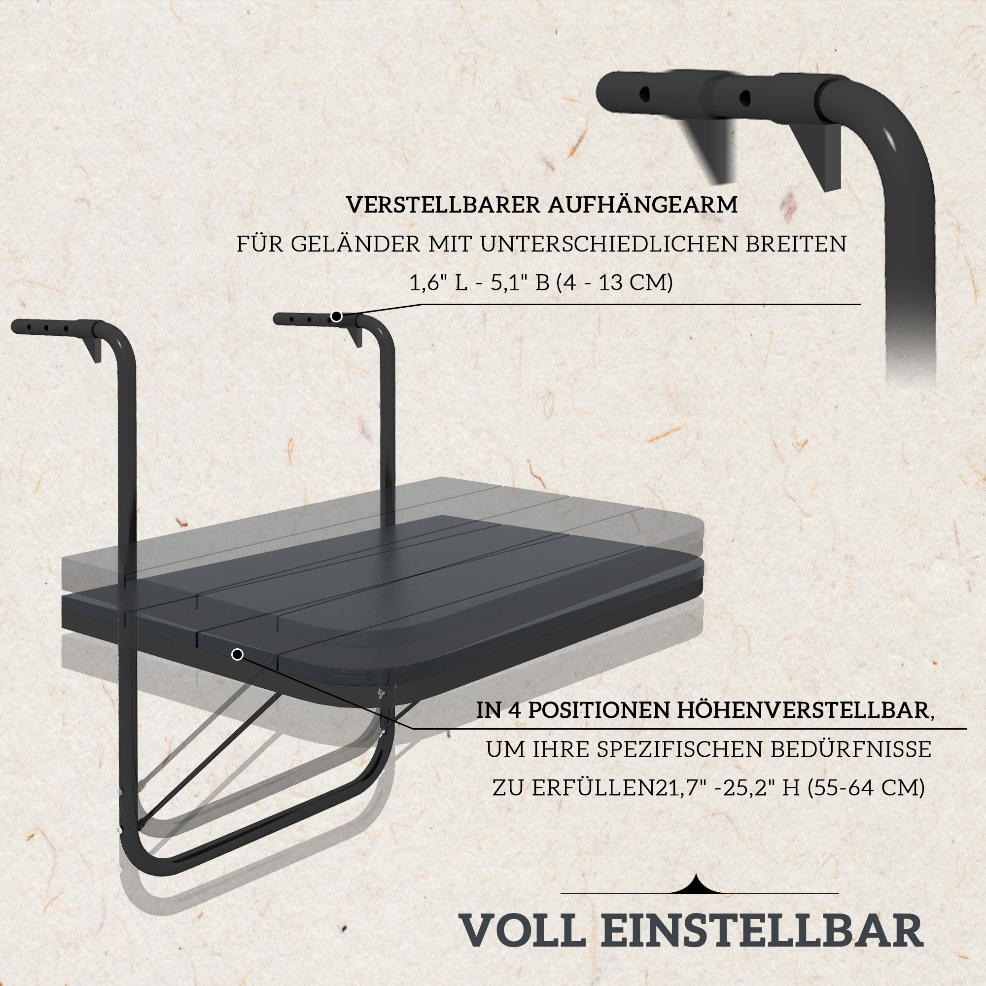 Balkon-Hängetisch, klappbar, höhenverstellbar, Alumiumrahmen, Kunststoff-Tischplatte, Holzoptik, Schwarz