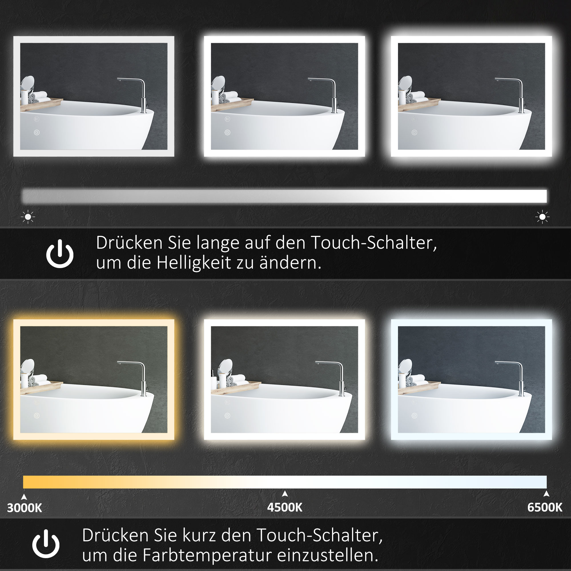 LED Badezimmerspiegel, Hintergrundbeleuchtung, Touch-Funktion, Memory-Funktion, kein Beschlagen, 70 x 50 cm