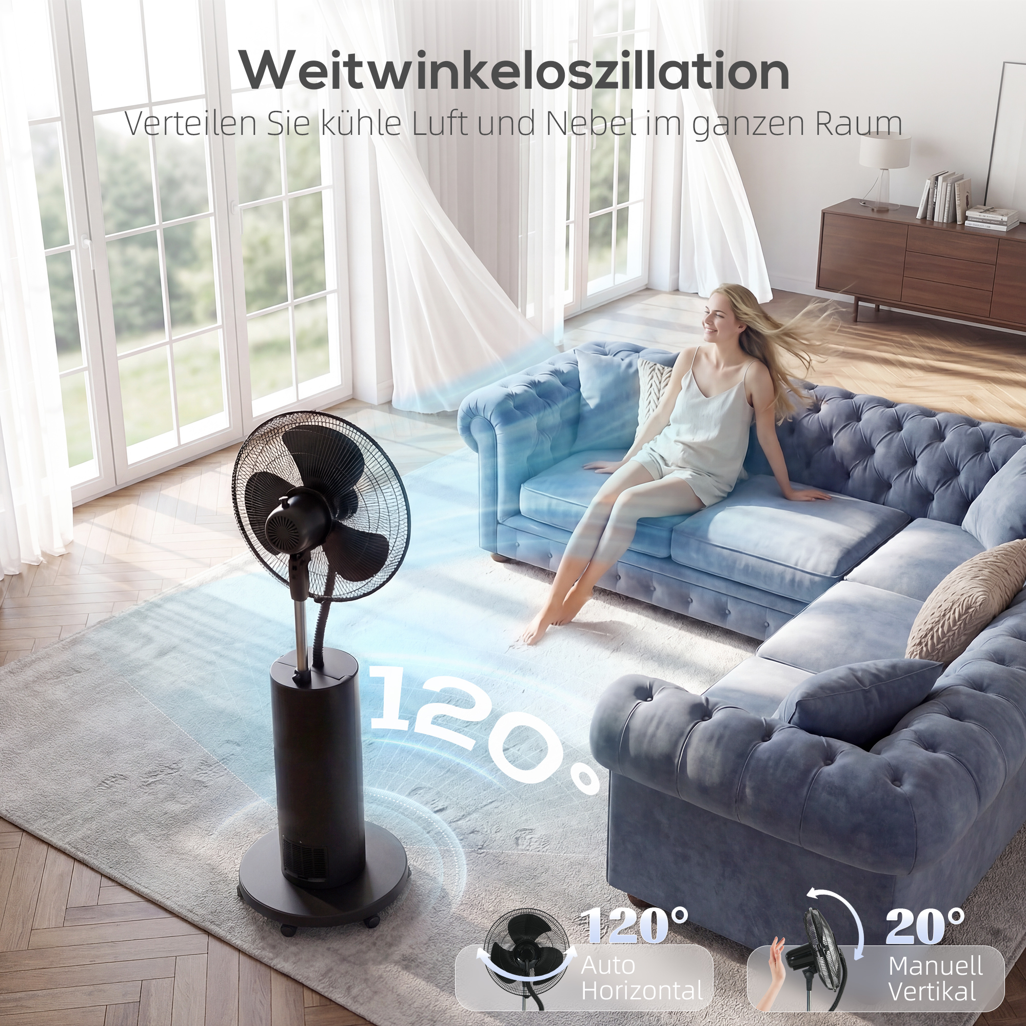 4-in-1 Standventilator mit Wassernebel Luftreiniger Mückenschutz 9-Stunden-Timer 3 Modi Fernbedienung Schwarz