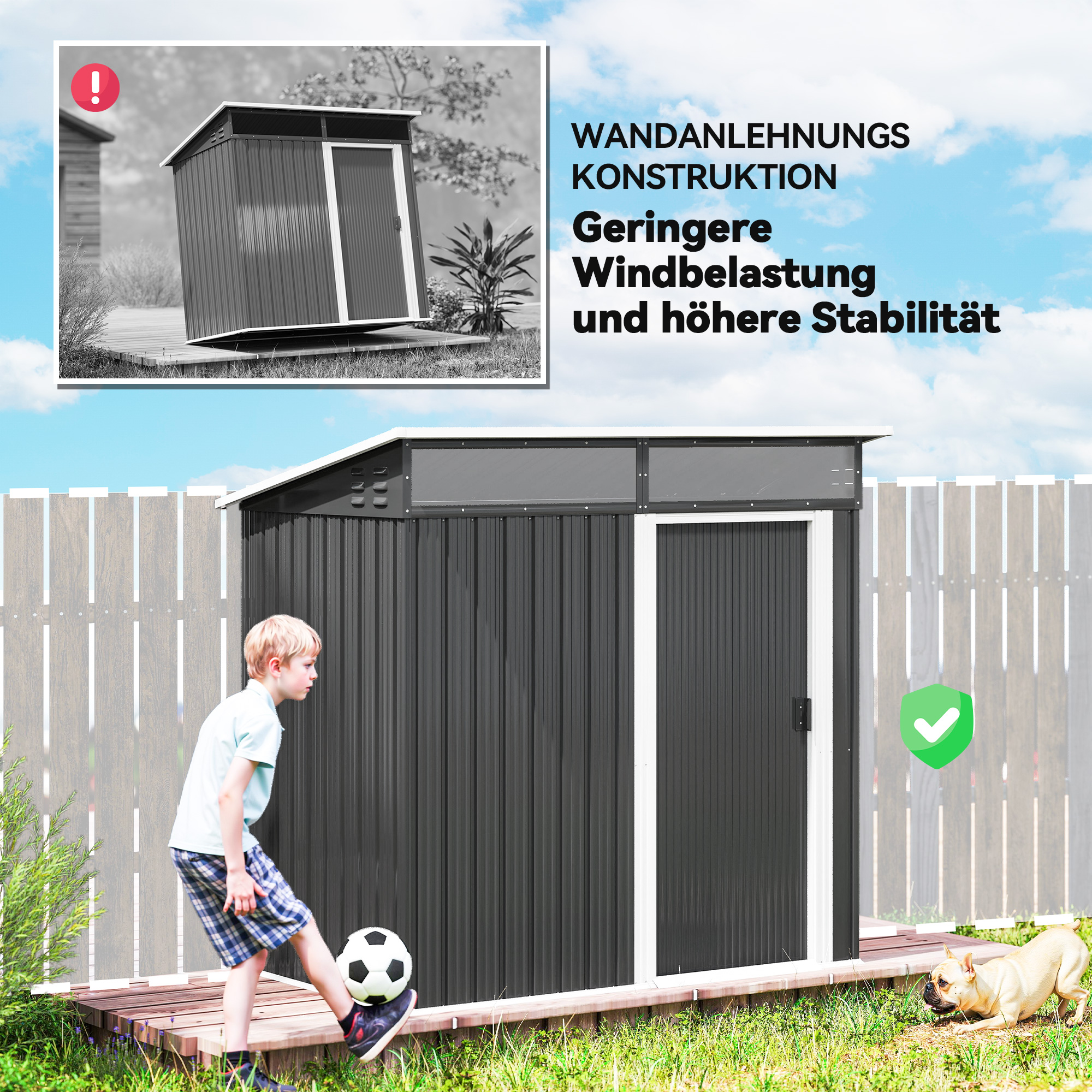 Gartenschuppen, Geräteschuppen mit Fenstern, Lüftungsöffnungen, Schiebetür, wasserdichter Stahl, wetterfest, Dunkelgrau