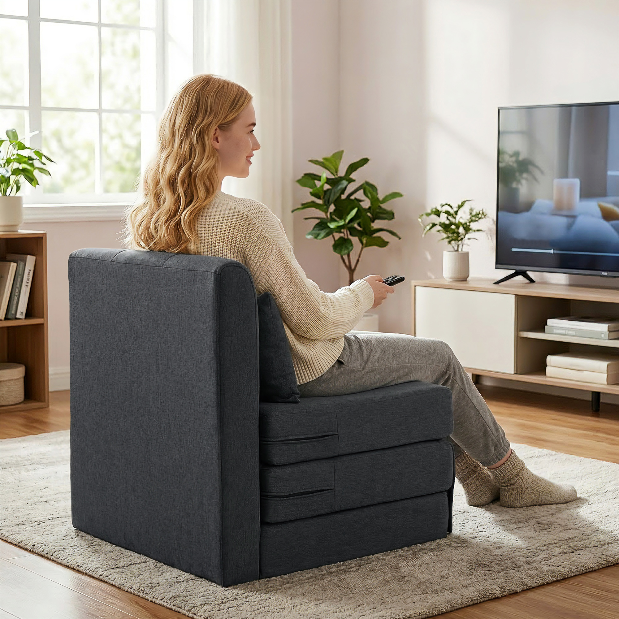 2-in-1 Schlafsessel Klappbares Sofa-Bett mit Leinenstruktur, Gepolstertes Gästebett Klappstuhl, Dunkelgrau