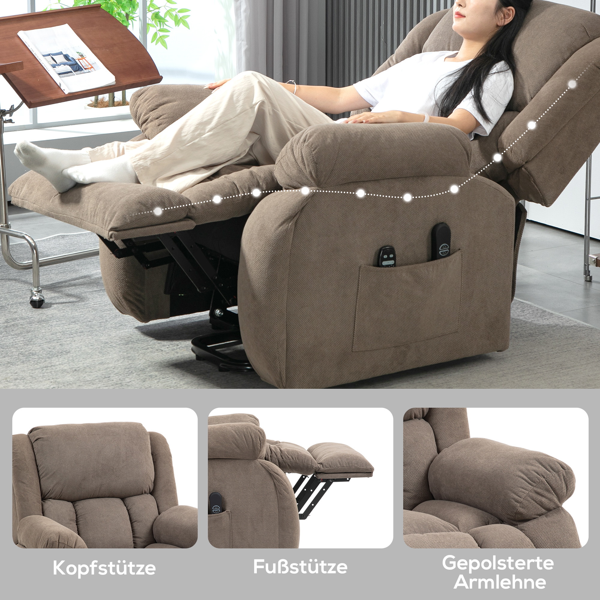 Fernsehsessel mit Massage- und Wärmefunktion, Elektrischer Aufsteh-Sessel, Fernbedienung, Seitentaschen, Hellbraun