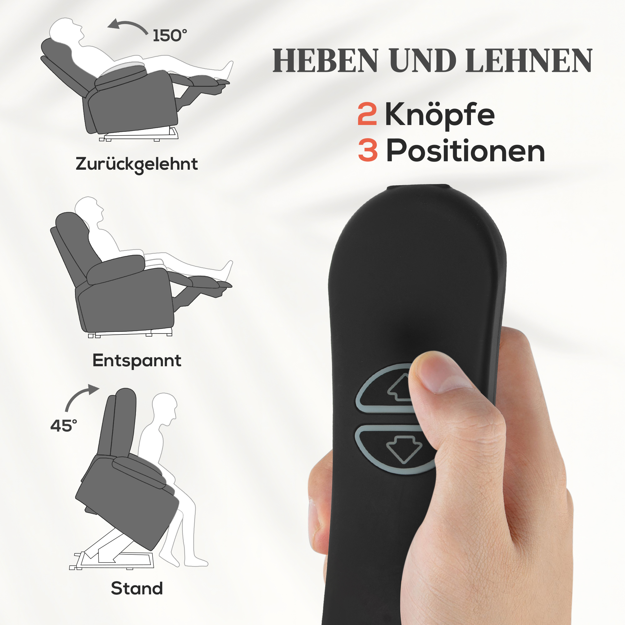 Fernsehsessel mit Massage- und Wärmefunktion, Elektrischer Aufsteh-Sessel, Fernbedienung, Seitentaschen, Grau