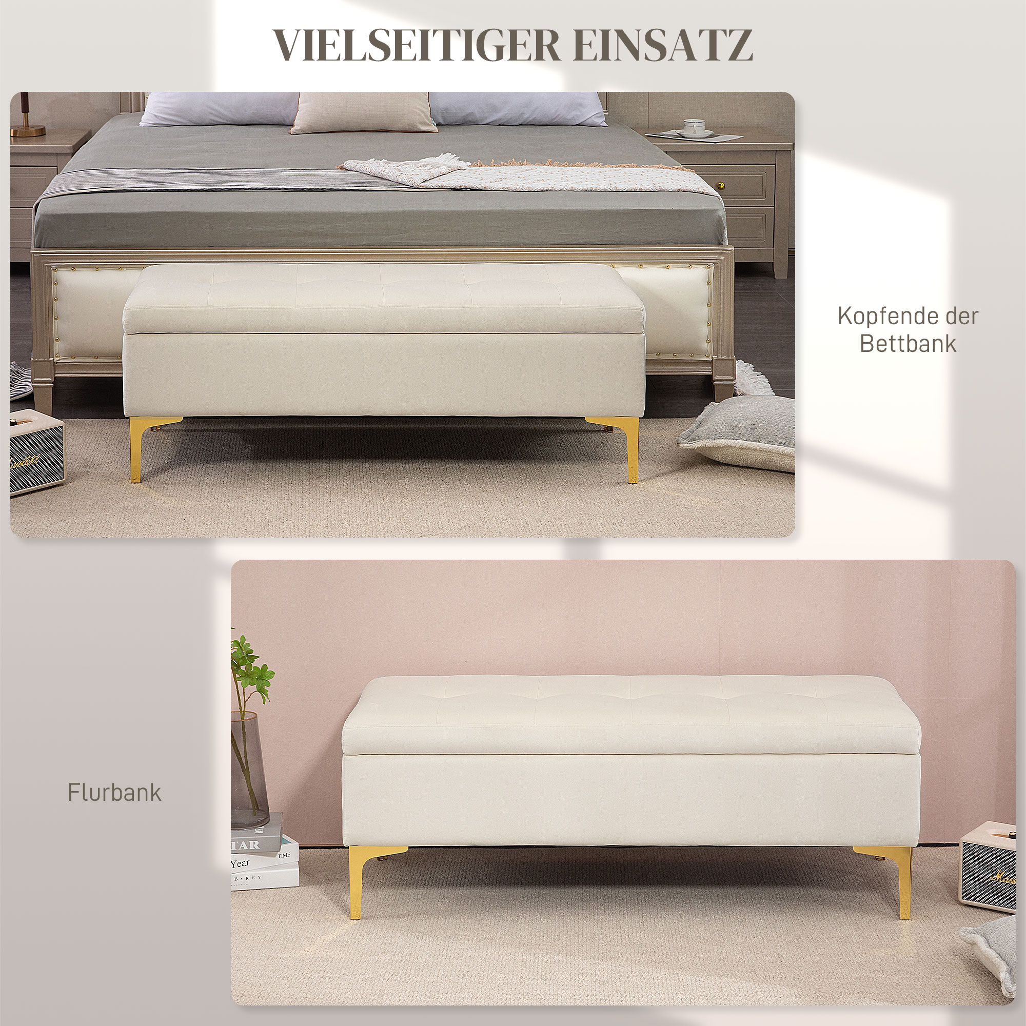 Sitzbank mit Stauraum, belastbar bis 120kg, 120x44x44,5cm, Beige