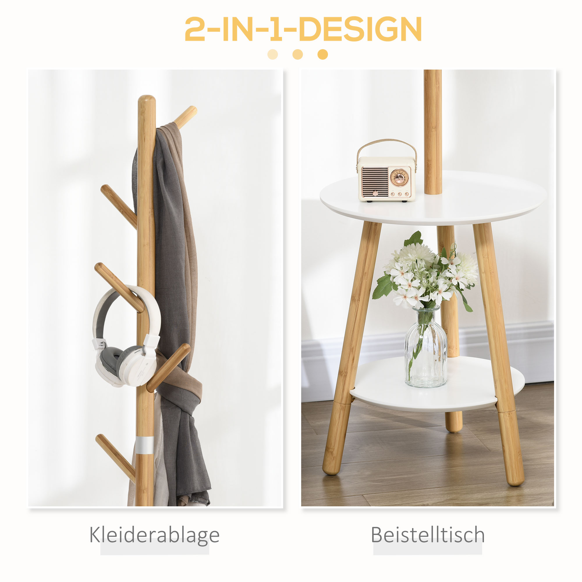 Garderobenständer mit Beistelltisch im Skandi-Design, 5 Kleiderhaken, 39, 5 cm x 39,5 cm x 171 cm, Natur + Weiß