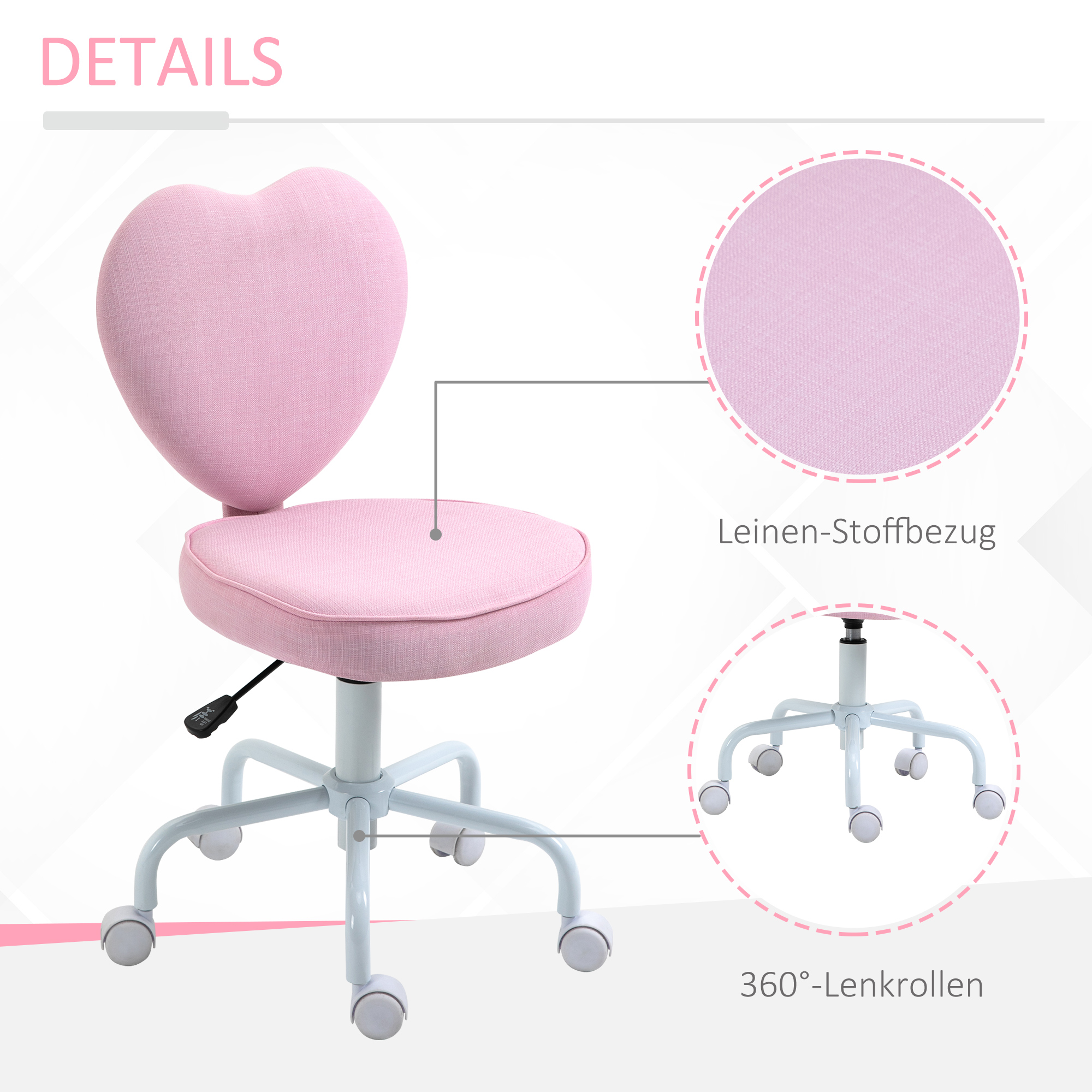 Drehstuhl, niedliches Herz-Design, höhenverstellbar, Stoffbezug in Leinenoptik, rosa, 42 x 50 x 79-89 cm