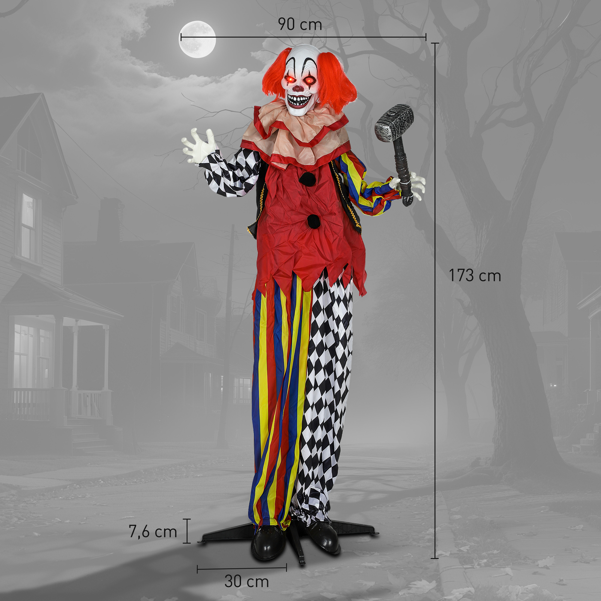 Grusel-Clown, Halloween-Animatronik, 173 cm, leuchtende Augen, Geräusch-Aktivierung, bewegliche Arme und Kopf, Batteriebetrieb, Kunststoff, Metall, Rot