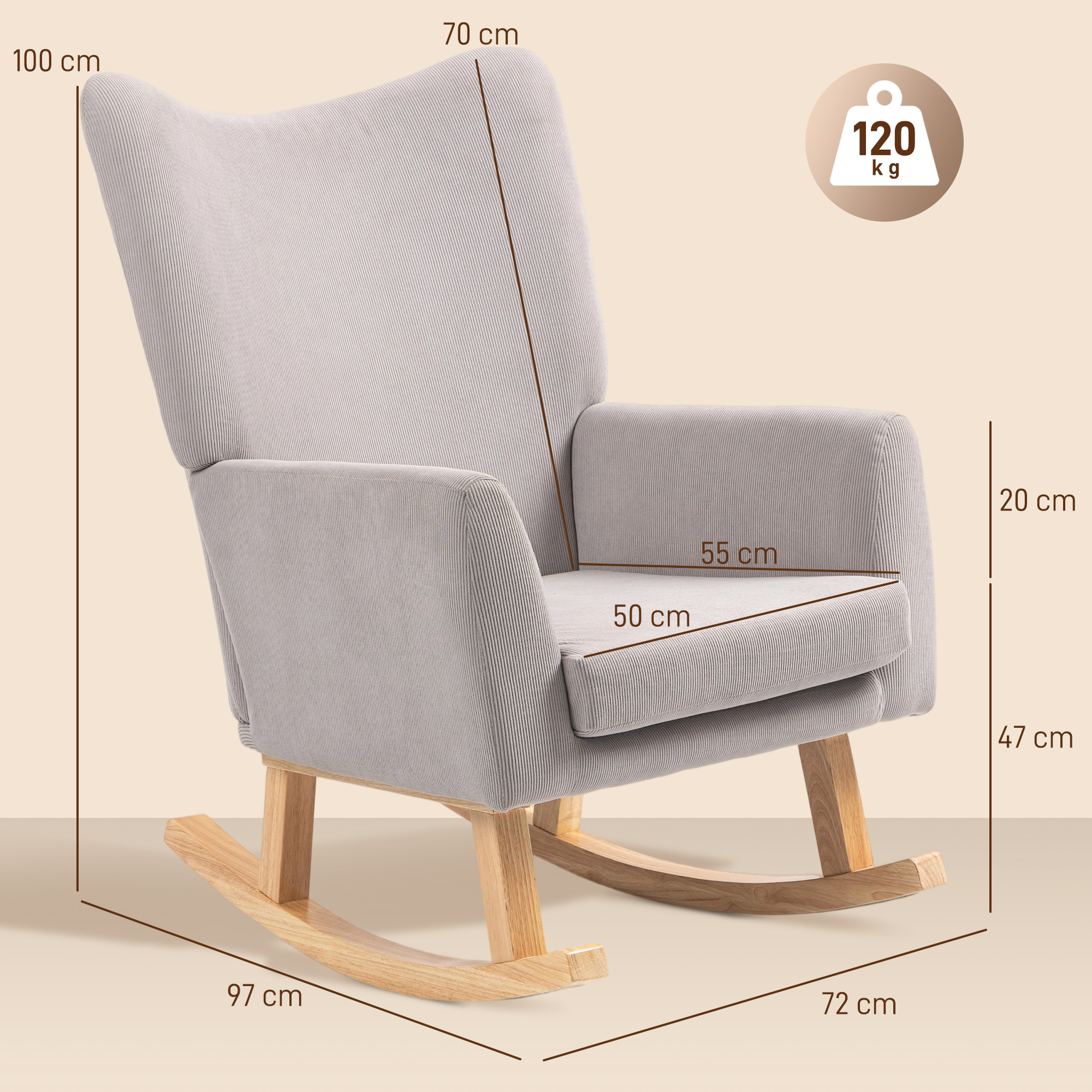 Schaukelstuhl im Retro-Design, Cordbezug, Kautschukholz, Schaumstoff-Füllung, hohe Rückenlehne, Polstersessel, Hellgrau
