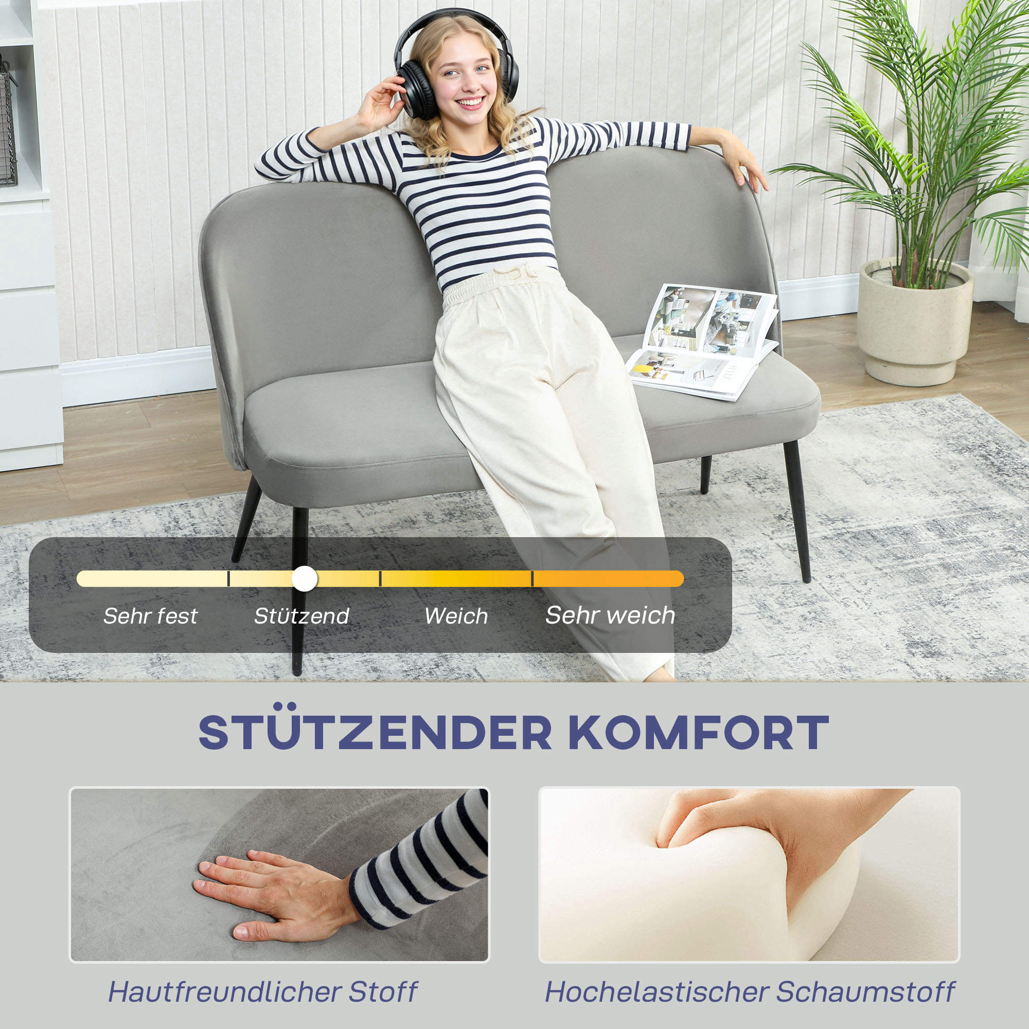 2-Sitzer-Sofa, moderne Polstercouch mit Metall- und Holzrahmen, samtartiger Stoffbezug, Grau