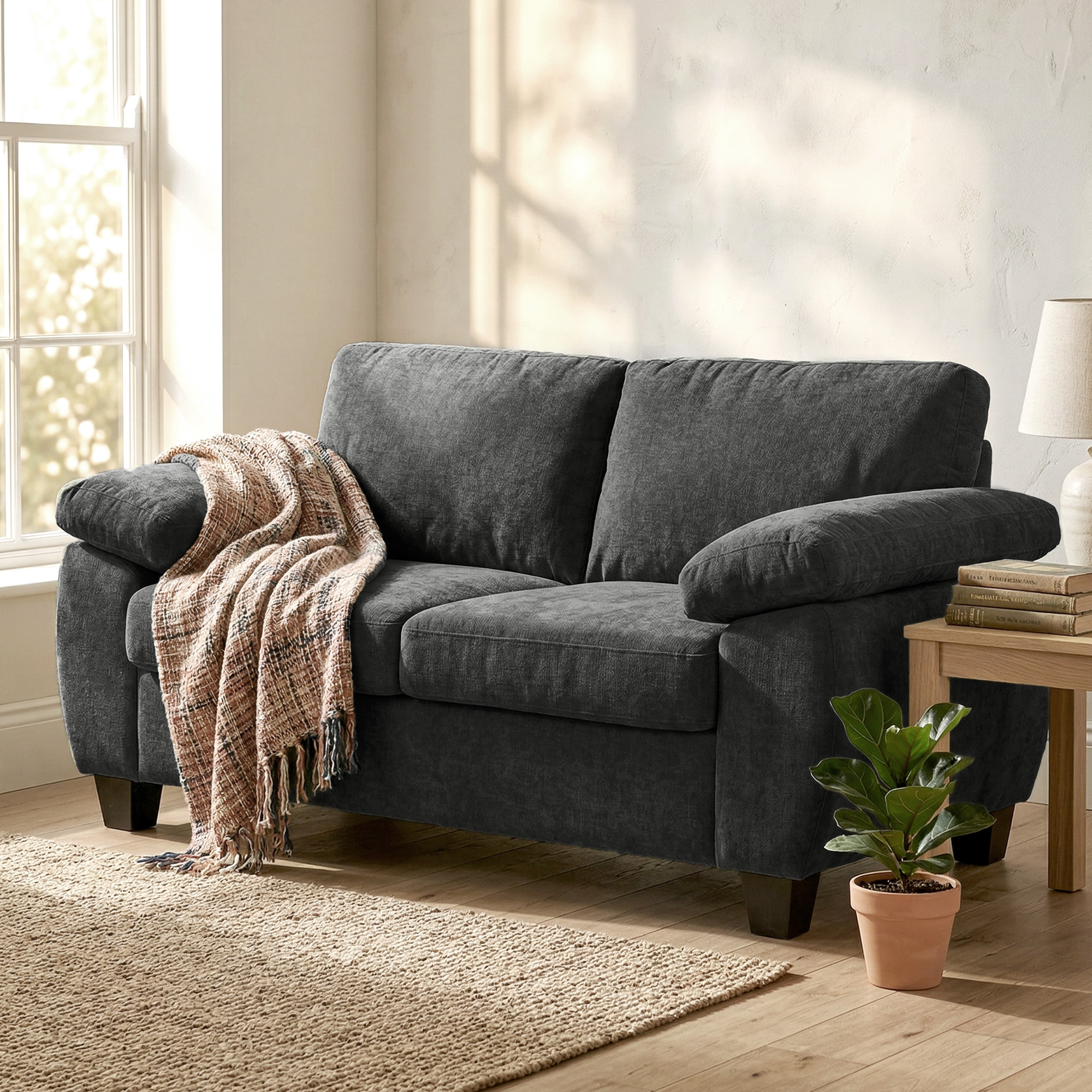 2-Sitzer-Sofa, 156 cm Chenille-Sofa mit dicken Federkernpolstern, breiten gepolsterten Armlehnen, 300 kg Tragkraft, Dunkelgrau