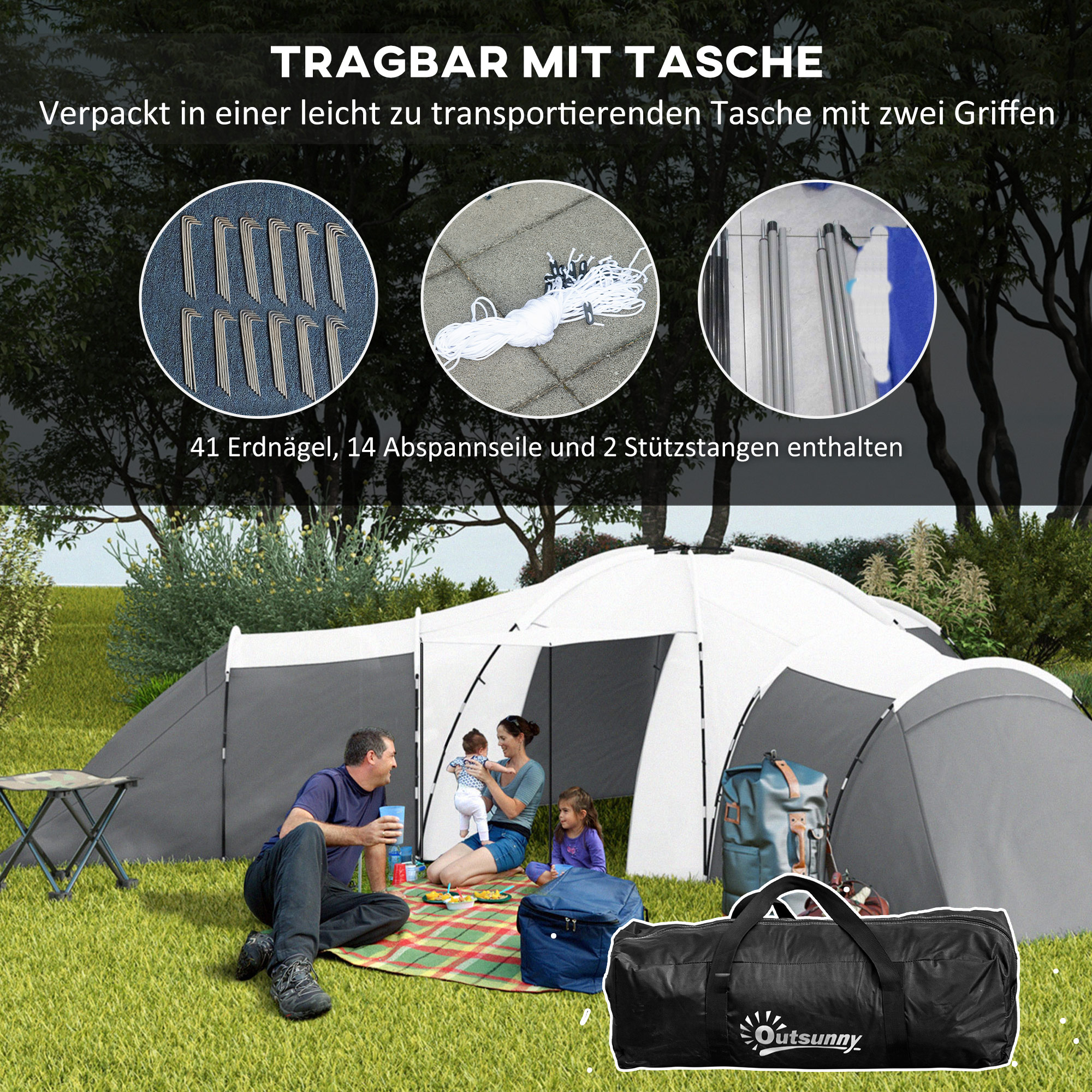 Campingzelt für 6-9 Personen, 4 Räume, Vorzelt, wasserdicht, 615x 615x225cm, Grau