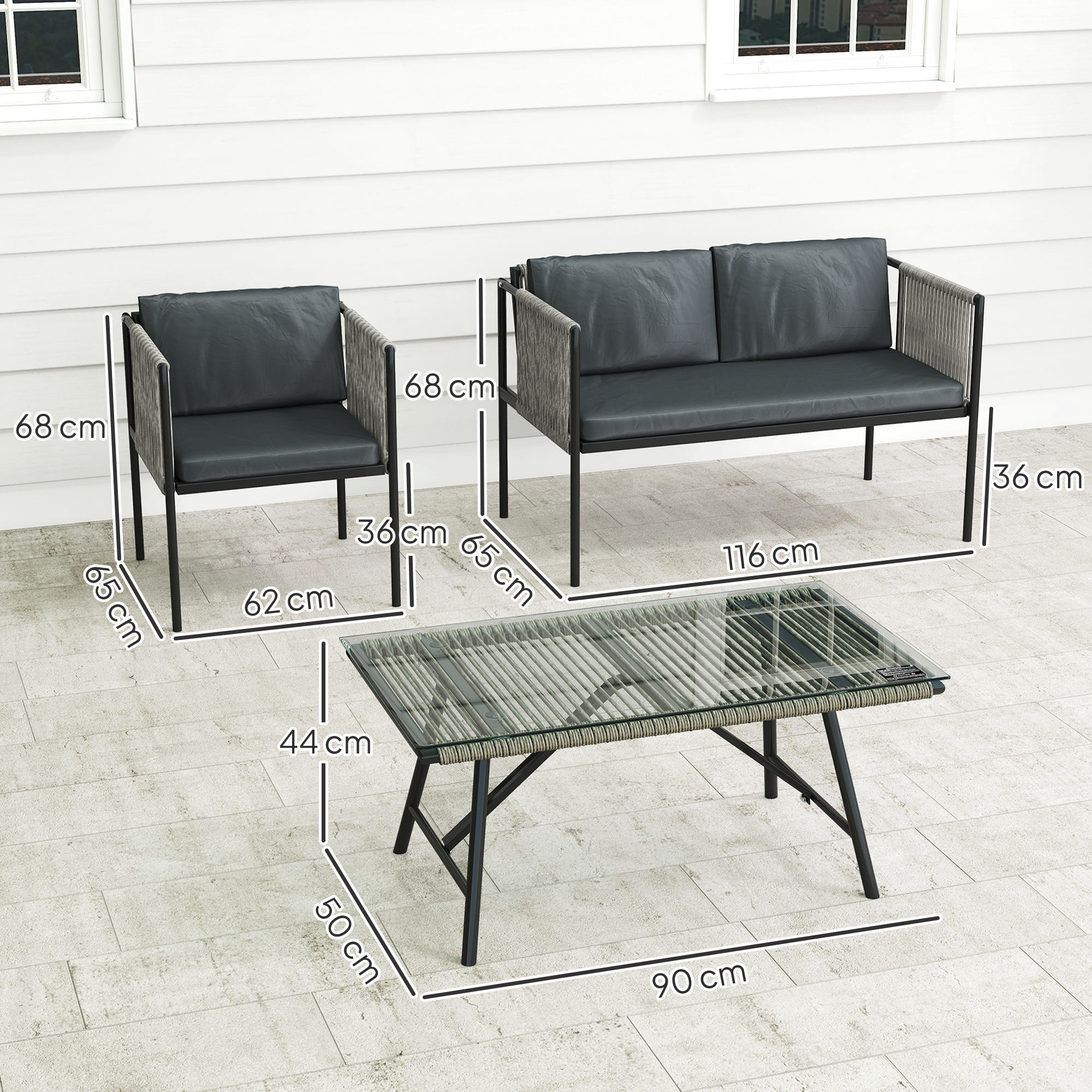 4-teiliges Gartenmöbel-Set, 1 Sofa, 2 Sessel, 1 Tisch mit Glasplatte, Kissen, Stahlrahmen, Kunststoff-Rattan, Grau