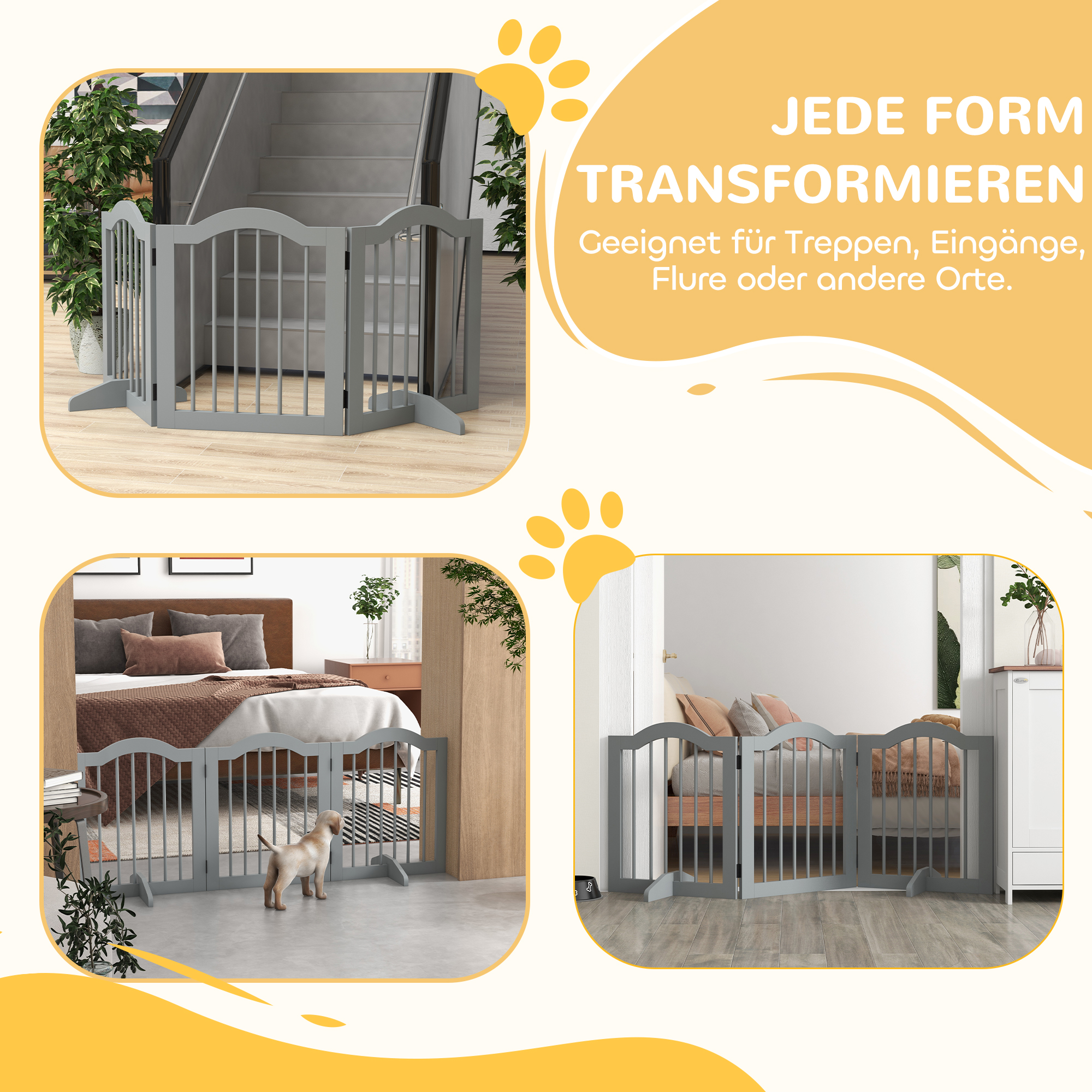 Absperrgitter Hund 3-teilig, 154,5 x 61 cm Faltbar Hundegitter mit Tür, 2 Stützfüßen Hellgrau
