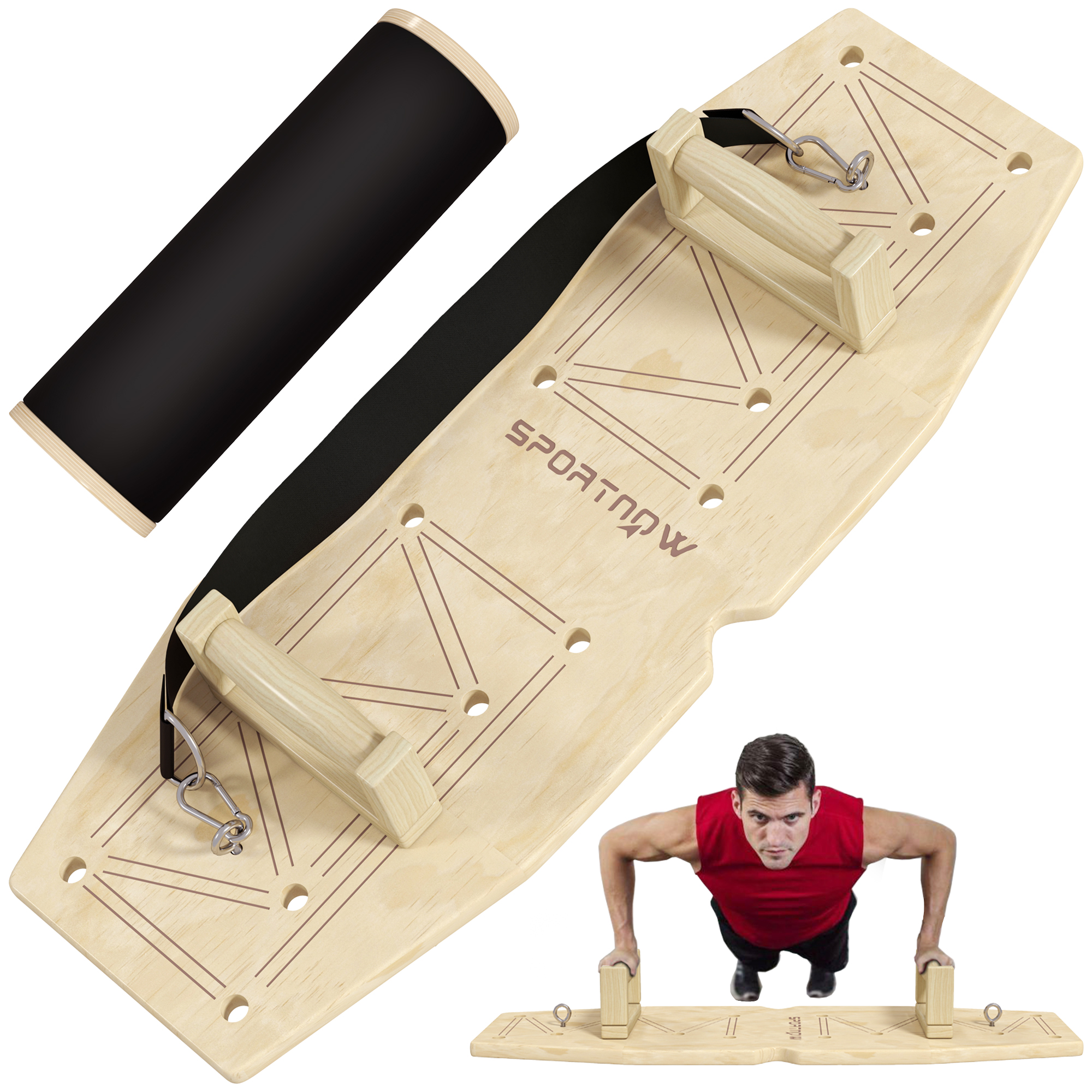 Push Up Bars Set, Liegestützgriffe mit Trainingsboard & Widerstandsbändern, Holz