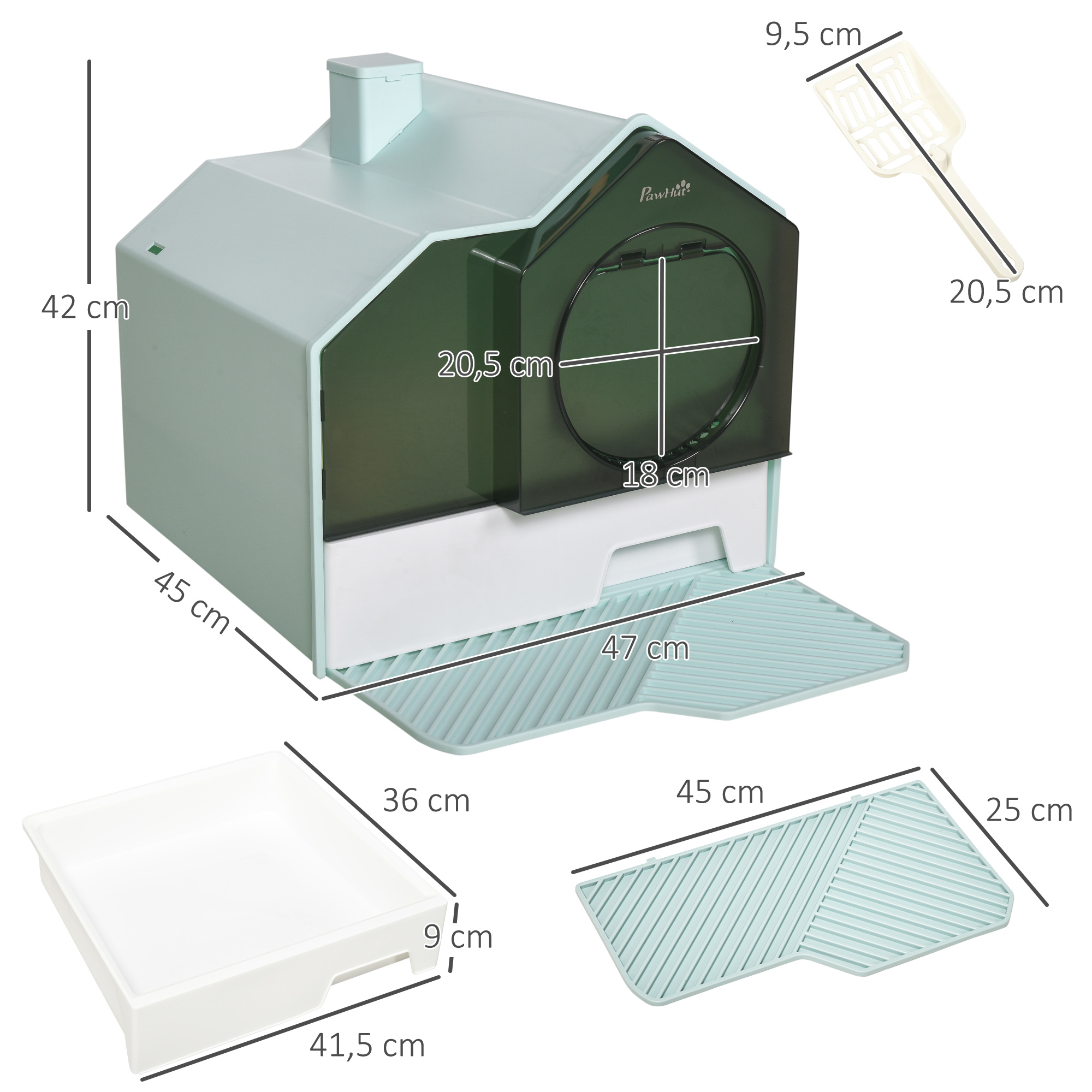 Katzentoilette Katzenklo, Hütten-Design, 1 Siebvorleger, 1 Streuschaufel, herausnehmbare Bodenwanne, Grün + Weiß