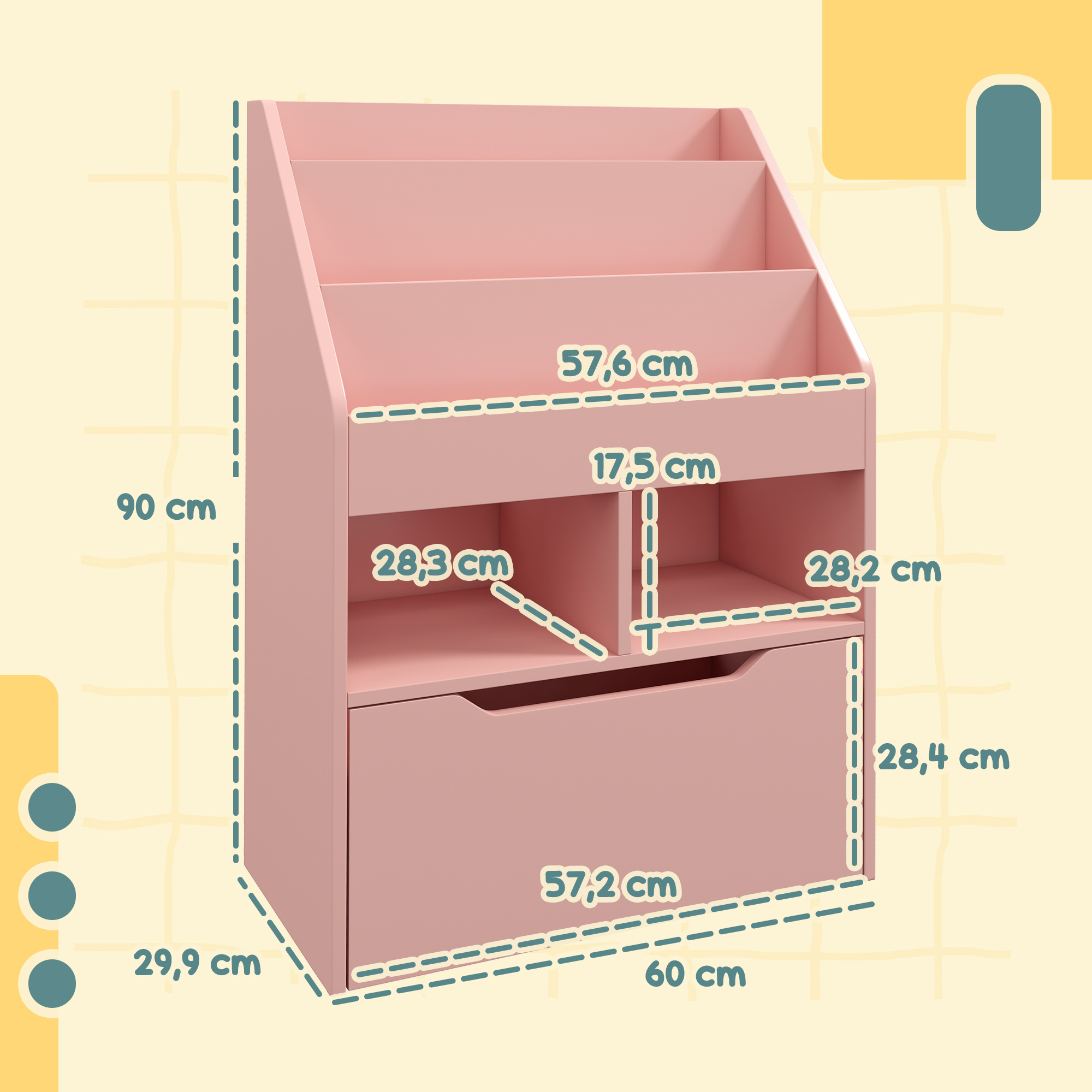 Kinderregal mit Schublade, Bücherregal mit Fächern, 60 x 29,9 x 90 cm, Rosa