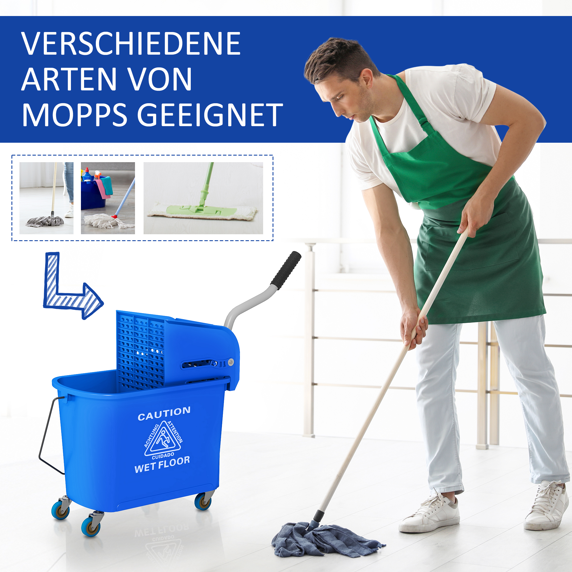 20l Mopp-Eimer mit Auswringer und Griff, Wischmopp-Eimer auf Rädern, Kunststoff, Blau