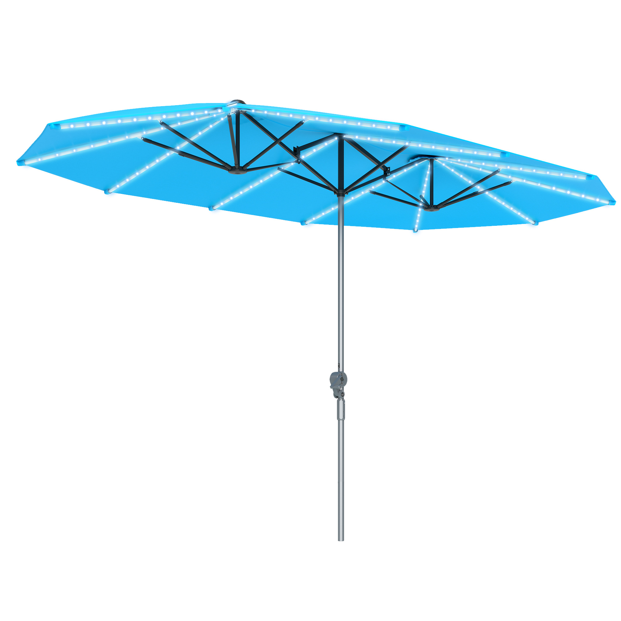 Doppelschirm mit Solar-Lichtern, Aluminium, Polyester, UPF50+ Schutz, UV-beständig, Terrassenschirm, Blau
