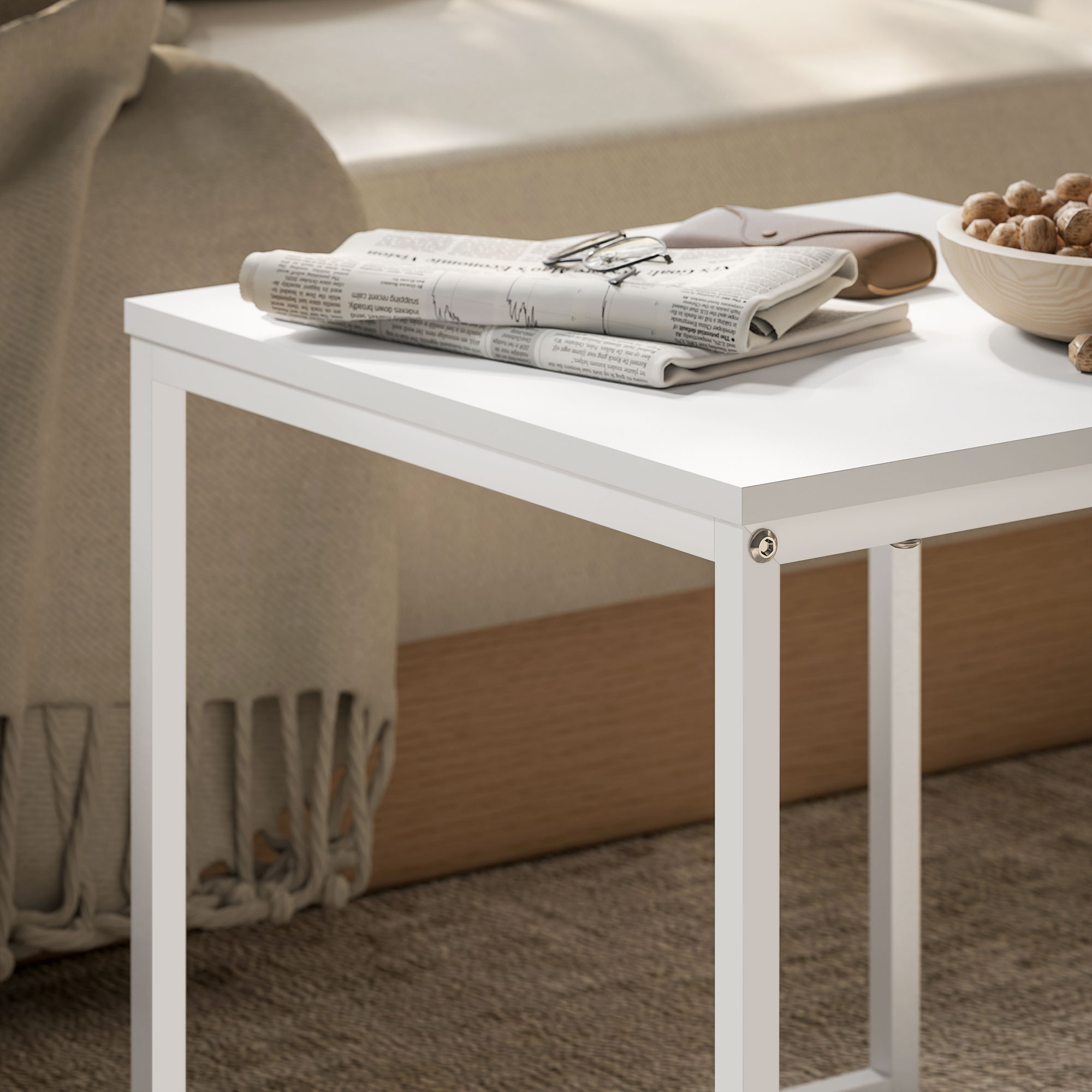 Moderner Couchtisch, 2er-Set Sofatisch, für kleine Räume, Quadratisch, MDF, Metall, Weiß