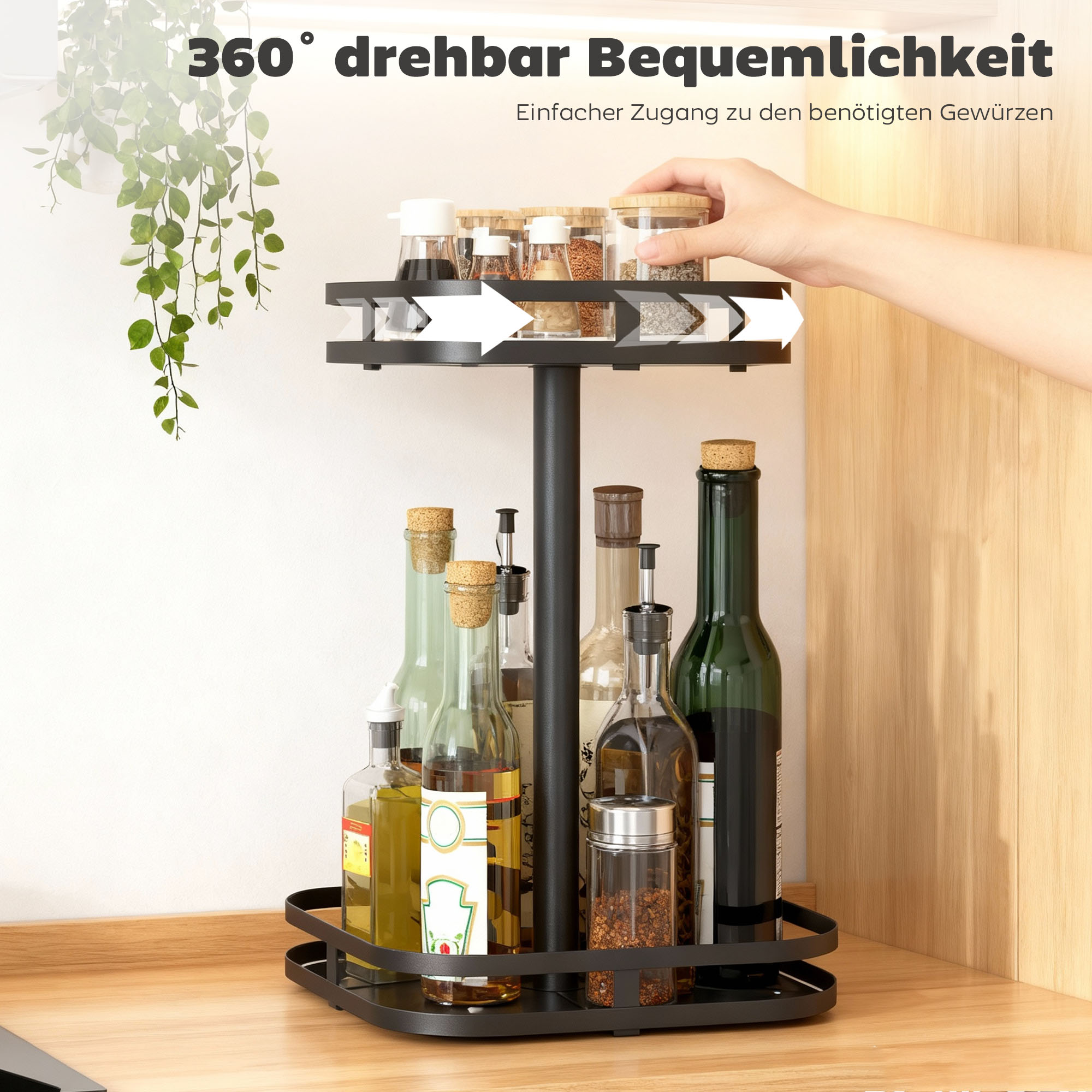 Drehbares Gewürzregal, 2-stufiges Design, Saugfüße, Metall, Schwarz