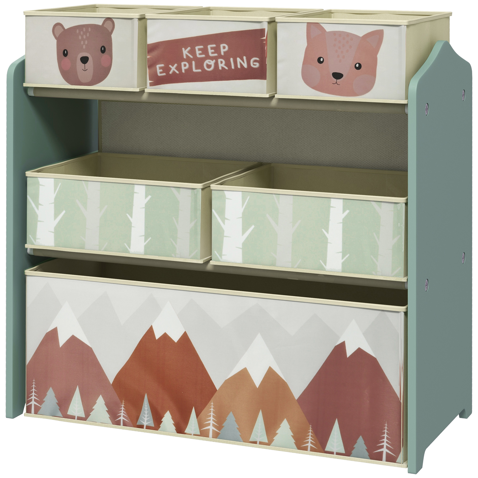 Kinderschrank mit 6 Stoffboxen, niedliches Motiv, 63x30x66 cm, Grün